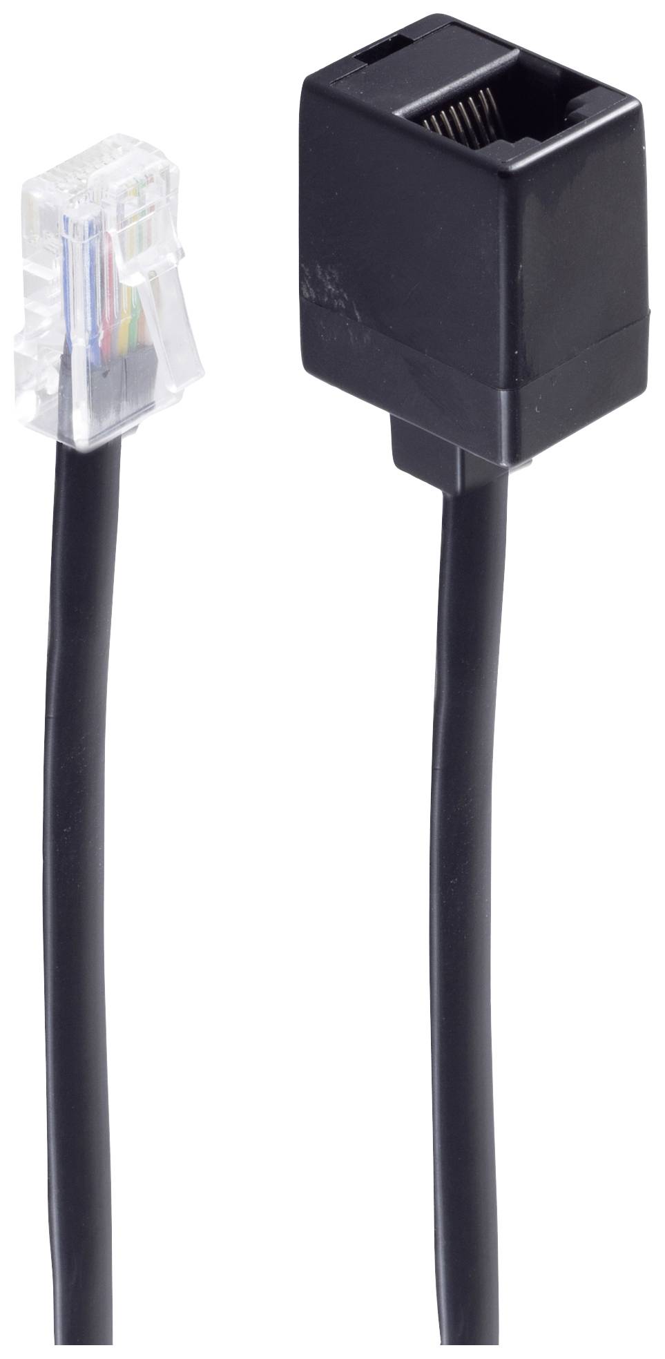 Black Ethernet cable with an RJ45 plug on the left side and an RJ45 socket on the right side, against a white background.