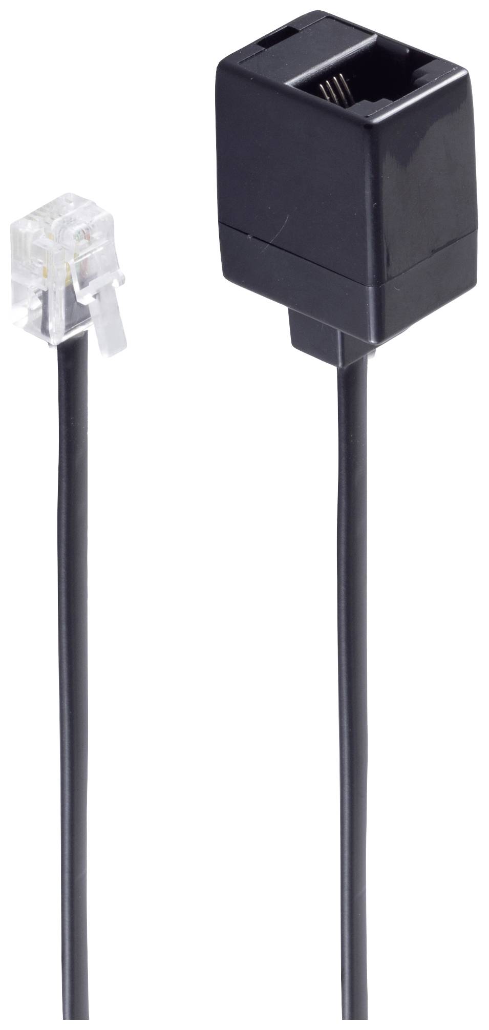 Telephone cable with black RJ11 plug adapter. Adapter has an RJ-11 port. Cable is suitable for connecting to telephone or DSL lines.