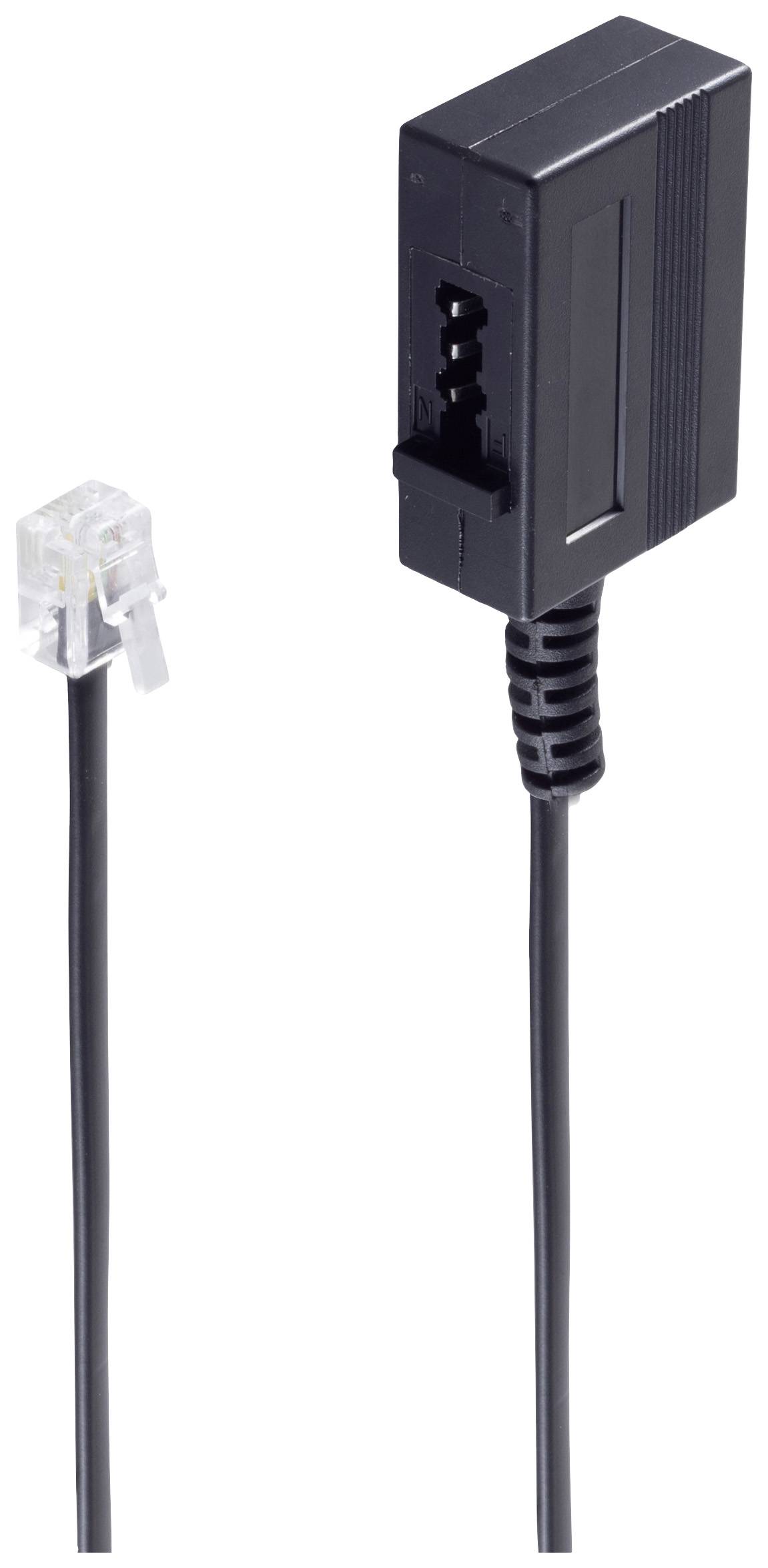 A black telephone adaptor cable with RJ11 plug and rectangular RJ11 socket. Suitable for telephone connections.