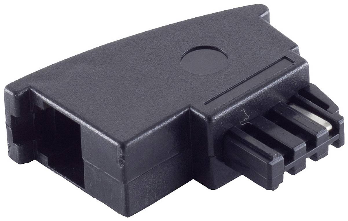 Black electrical connector with rectangular shape and multiple contact pins, used for connecting cables or devices.
