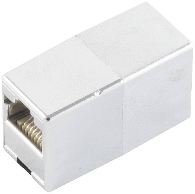 A silver RJ45 coupler for connecting two Ethernet cables with female ports at both ends, suitable for network applications.