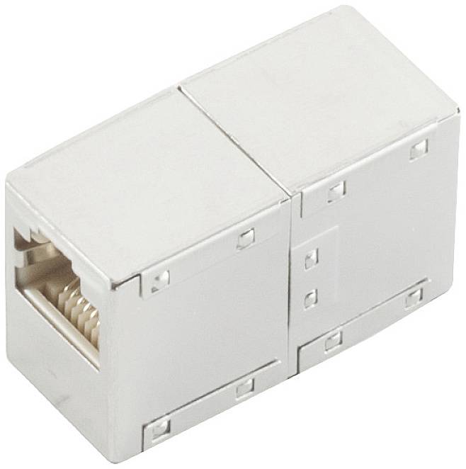 Metal RJ45 coupling for connecting network cables.