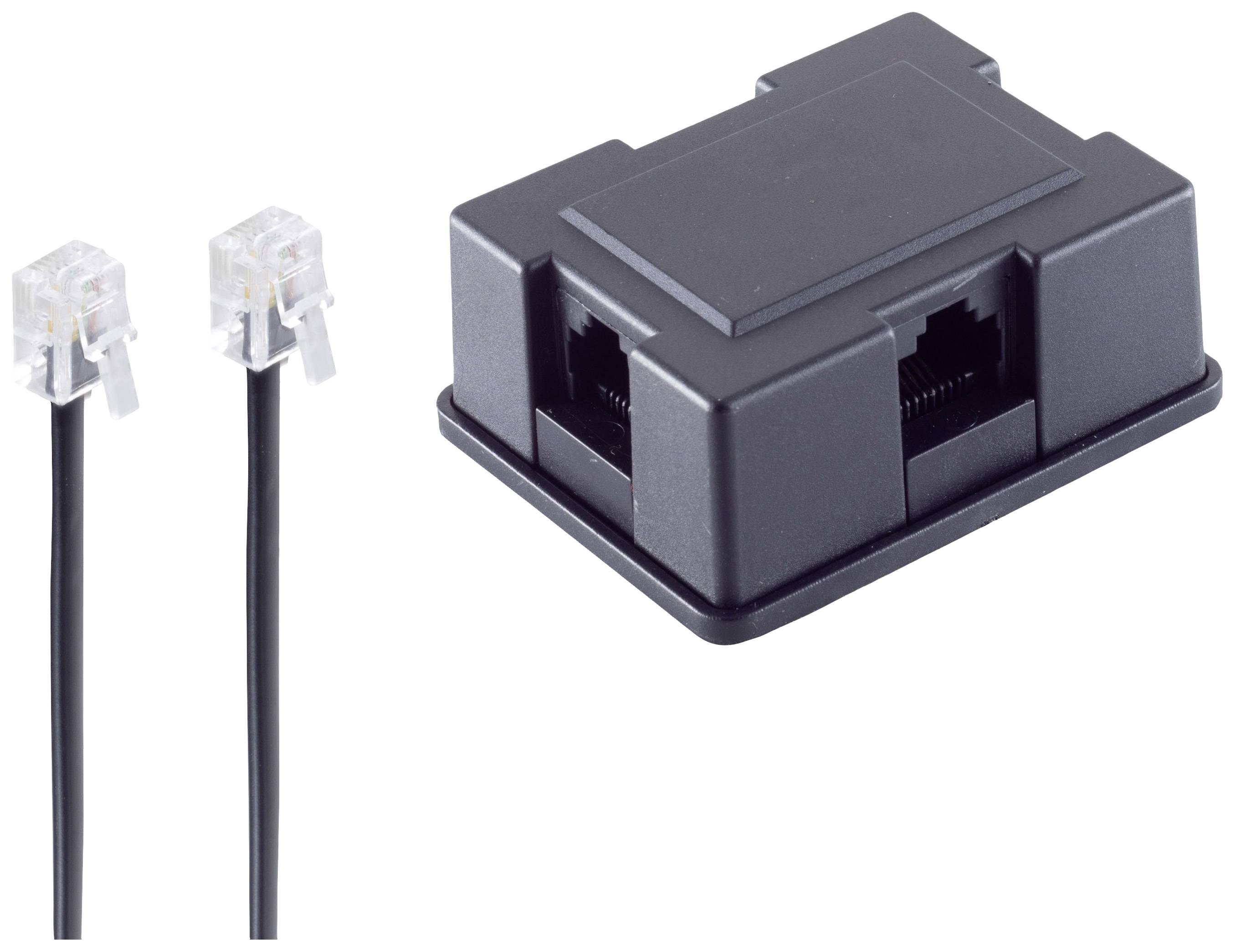 Black network adapter with two RJ11 ports and two black cables with RJ11 plugs.
