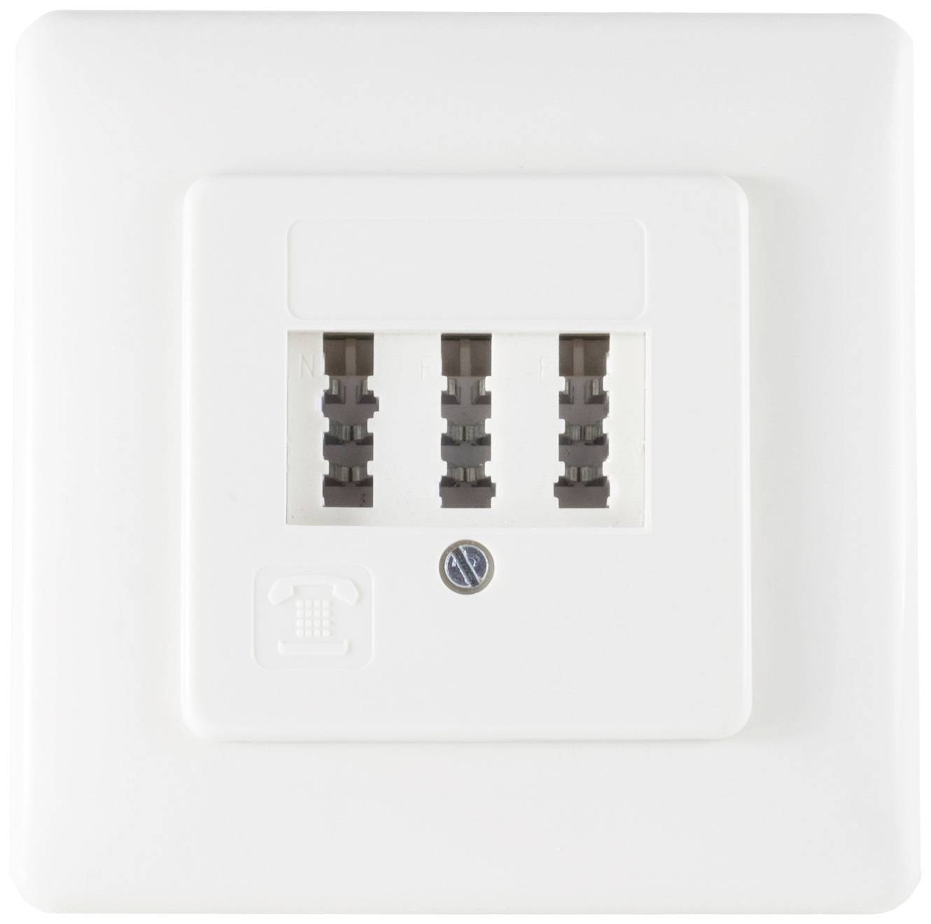 White telephone socket with three slots for telephone cables, mounted on a white background.