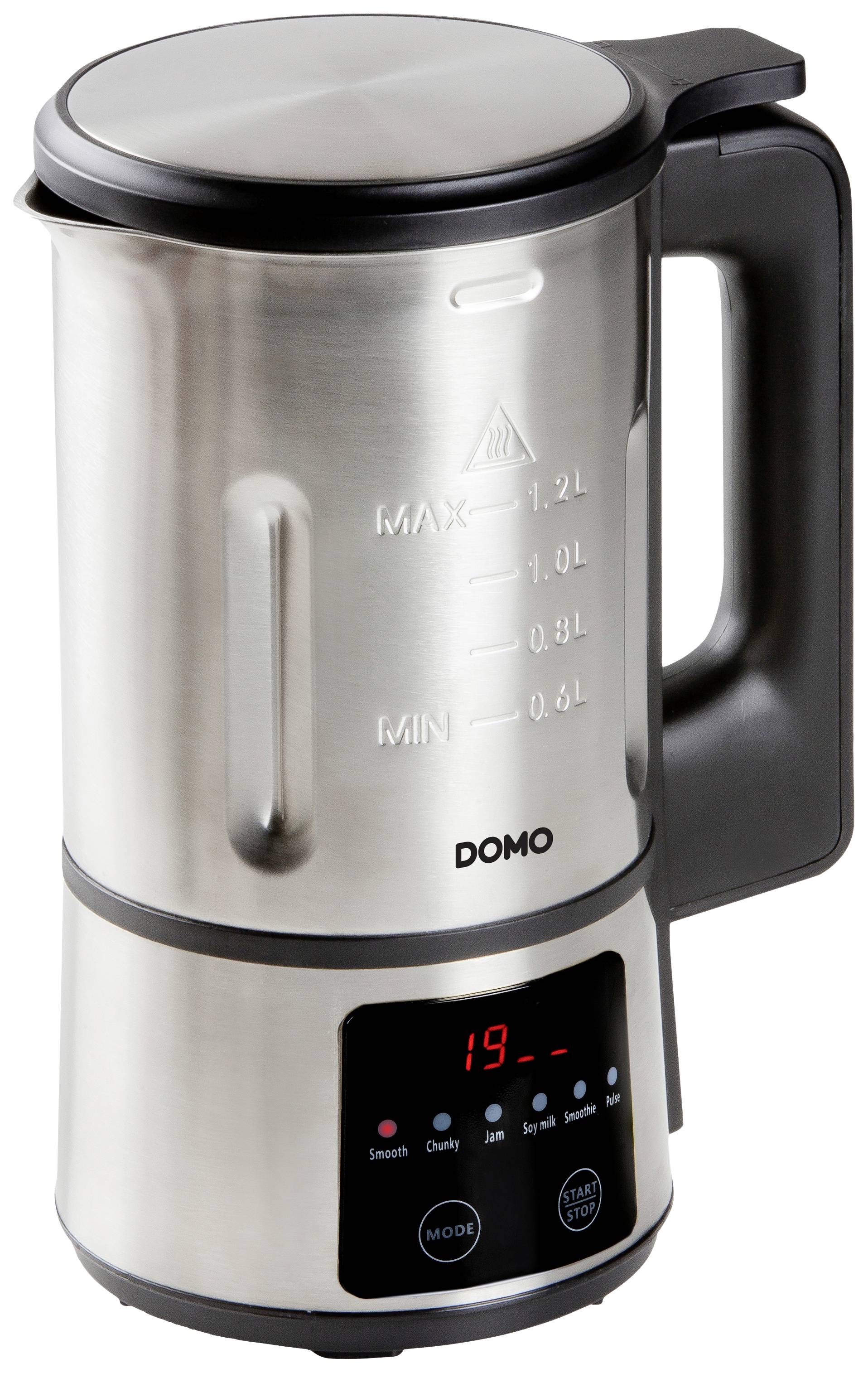 A silver countertop blender with a digital display and liquid measurement scale. Suitable for mixing and heating ingredients.