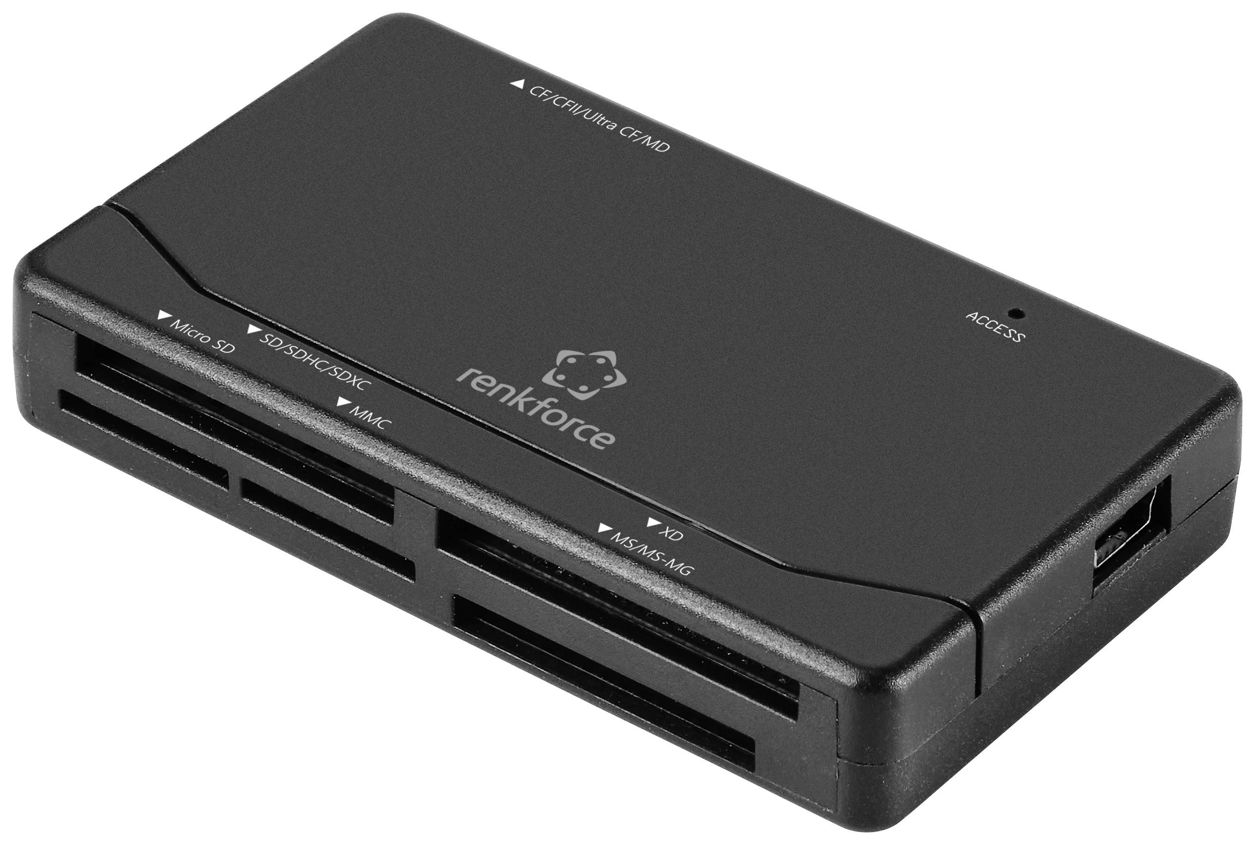 Multiple card reader by Renkforce with ports for various memory card formats such as microSD, SD/MMC, M2 and MS, in a black casing.