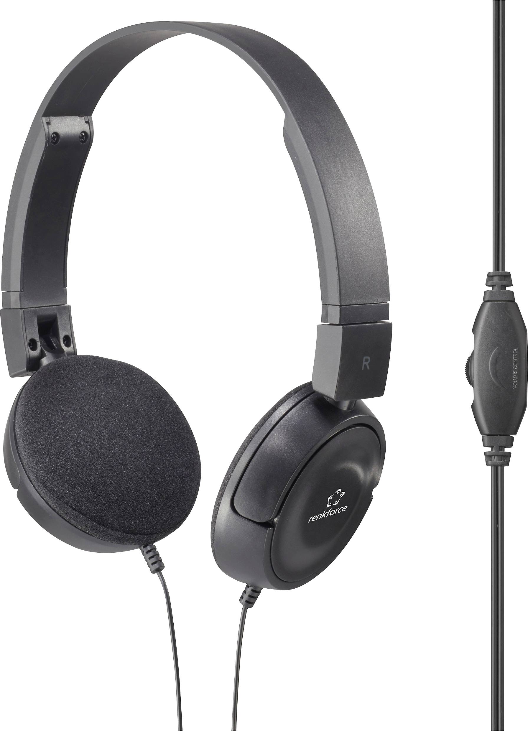 Black over-ear headphones with cable and integrated control unit, suitable for music enjoyment and telephone calls.