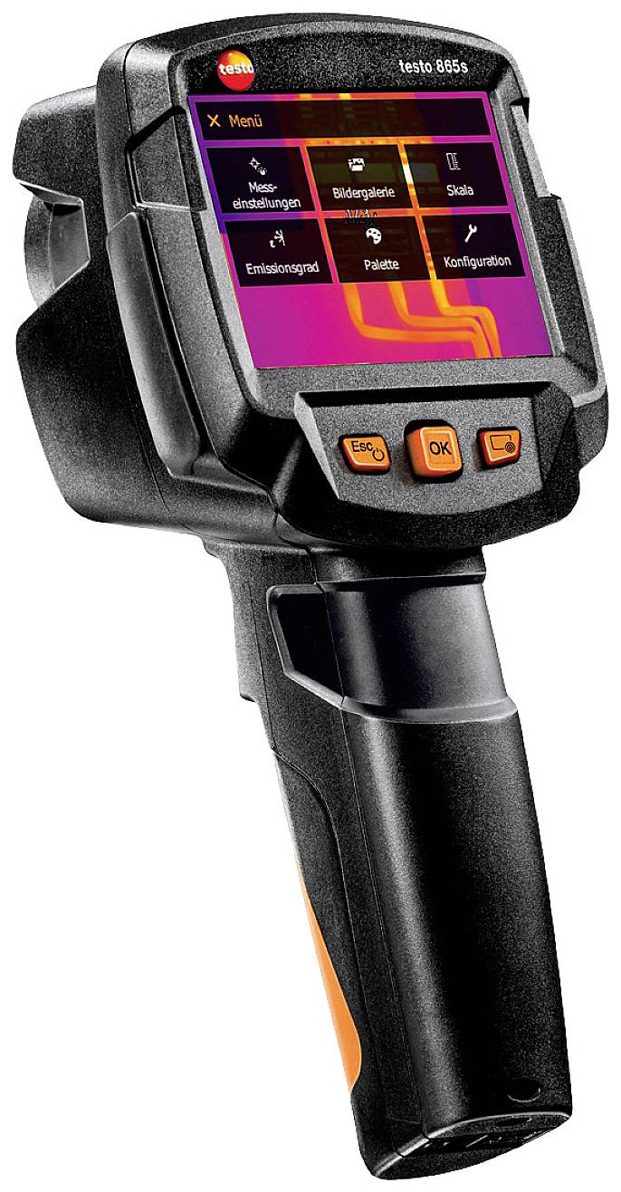 A thermal imaging camera displays a menu with options such as 'Image Gallery', 'Configuration', and 'Energy Saving' on a display.