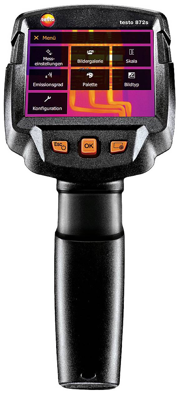 Thermal imaging camera shows menu with options: 'Image Gallery', 'Scale', 'Emissivity', 'Palette', 'Image Type', 'Configuration'.