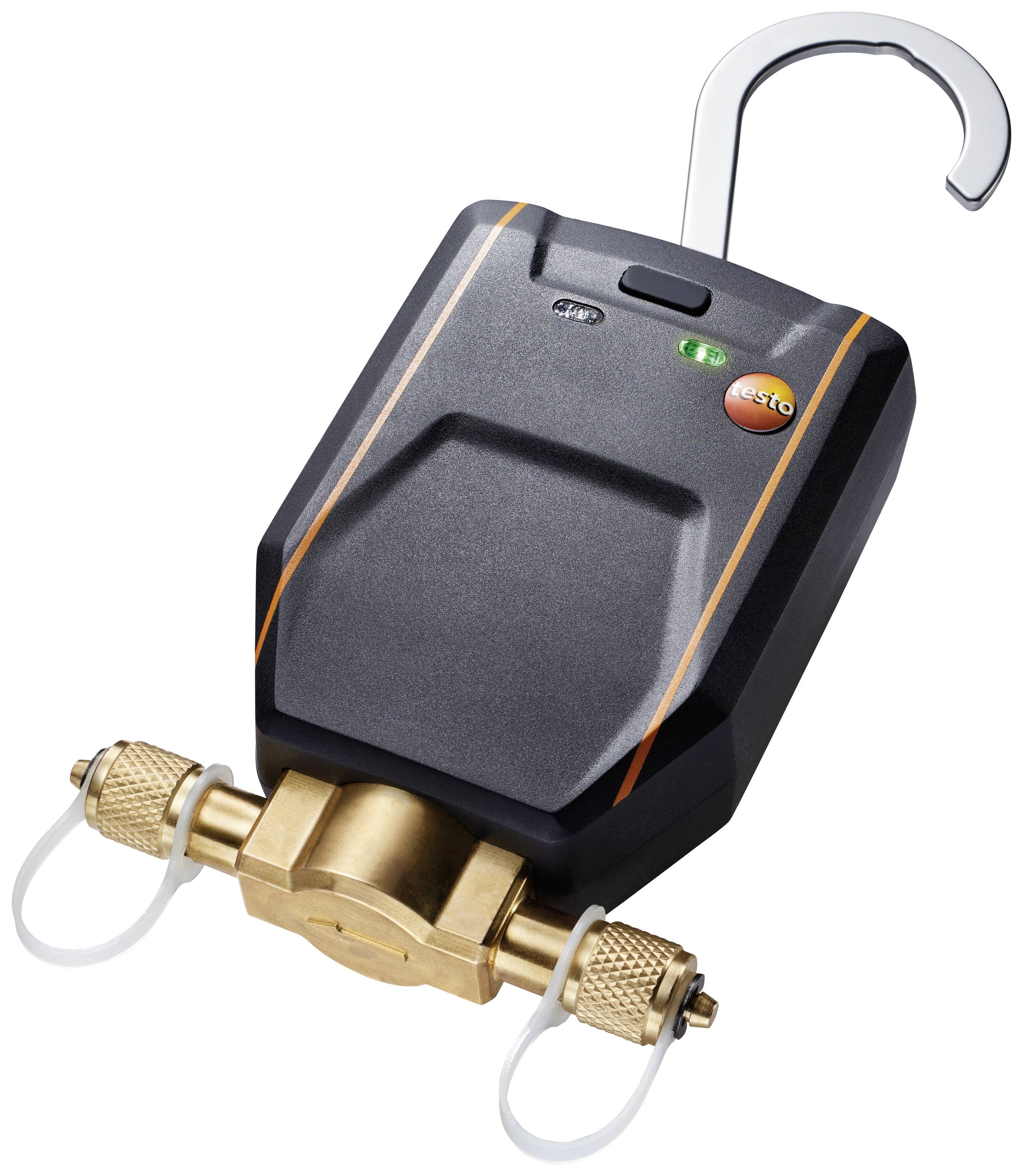 A digital, black measuring device with a display, connected with two side plug sockets. A open bracket is visible at the top.