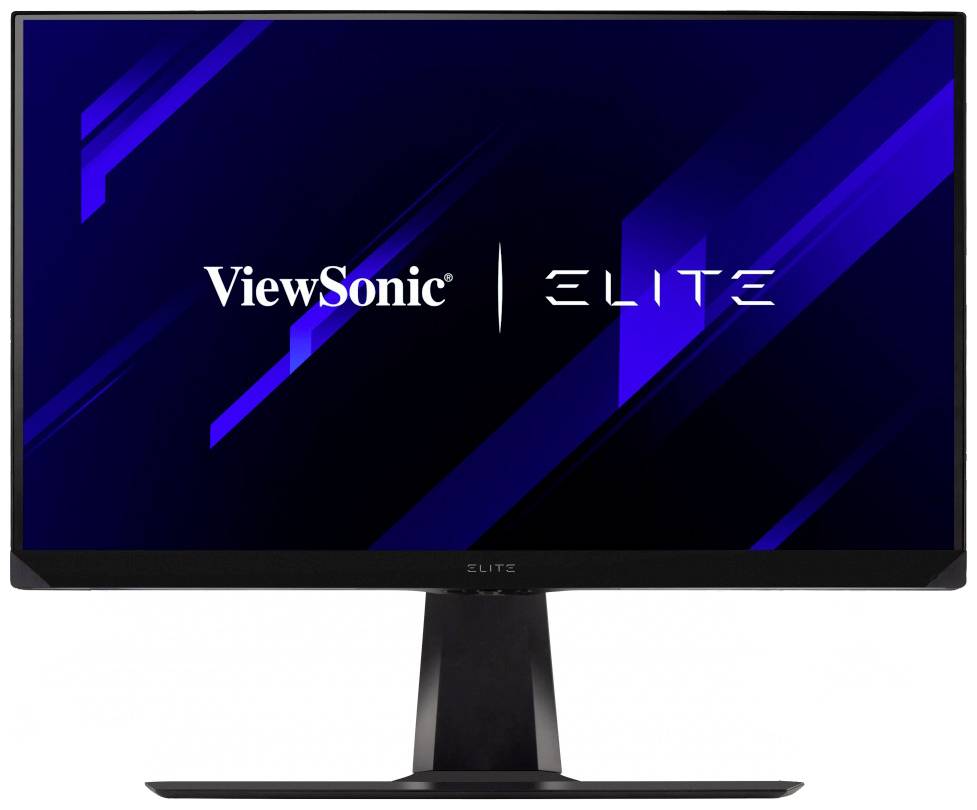 Flat ViewSonic ELITE computer monitor with a black bezel and blue graphical display on the screen.