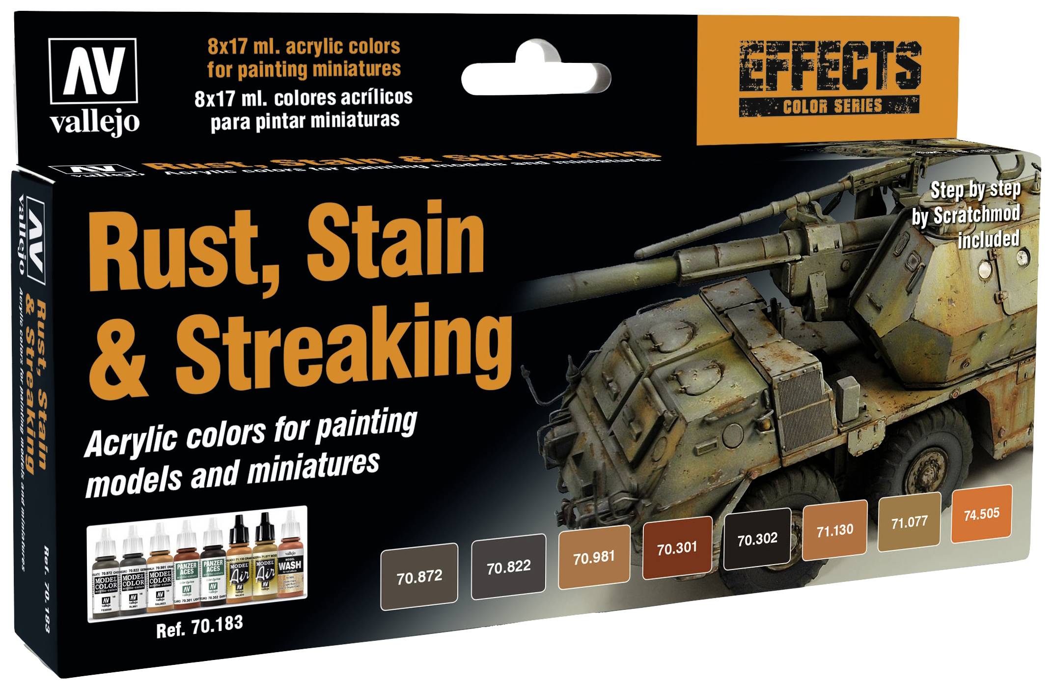 Vallejo packaging, contains 8 acrylic paints for models and miniatures. Red, brown, ochre colours for rust effects on tanks.