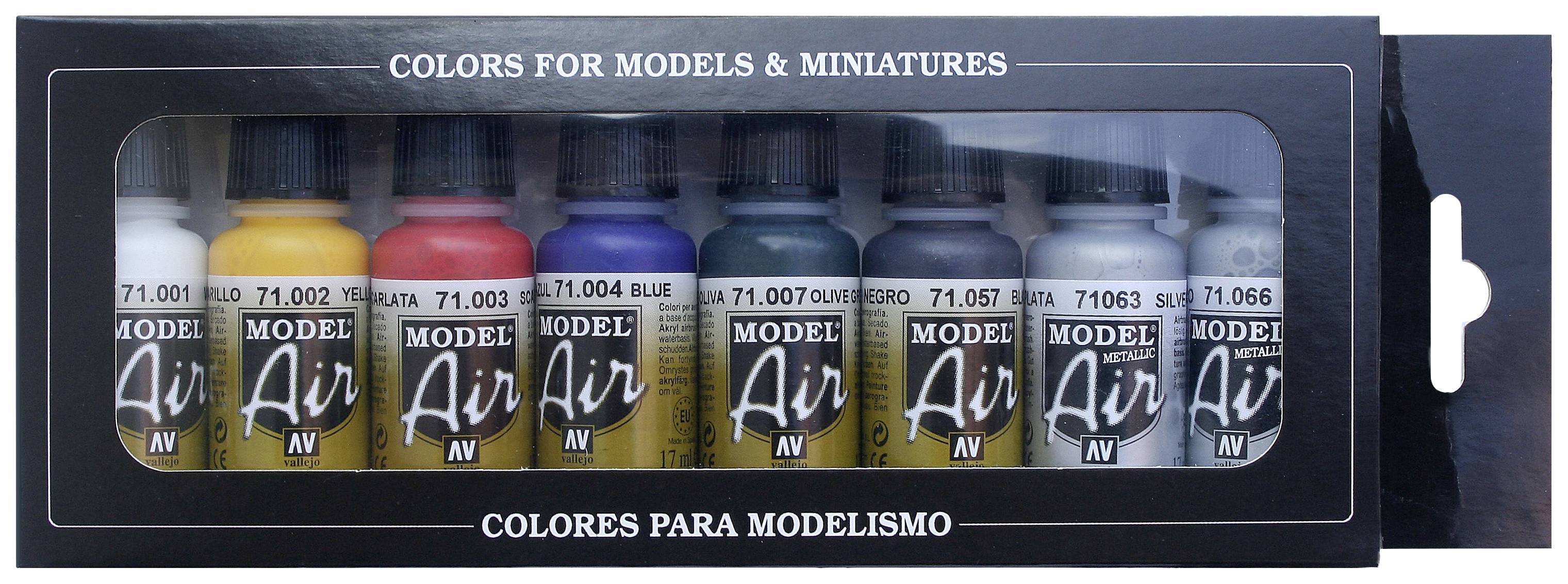 Eight bottles of Model Air colours in various shades, labelled with 'Colours for Models & Miniatures' at the top.