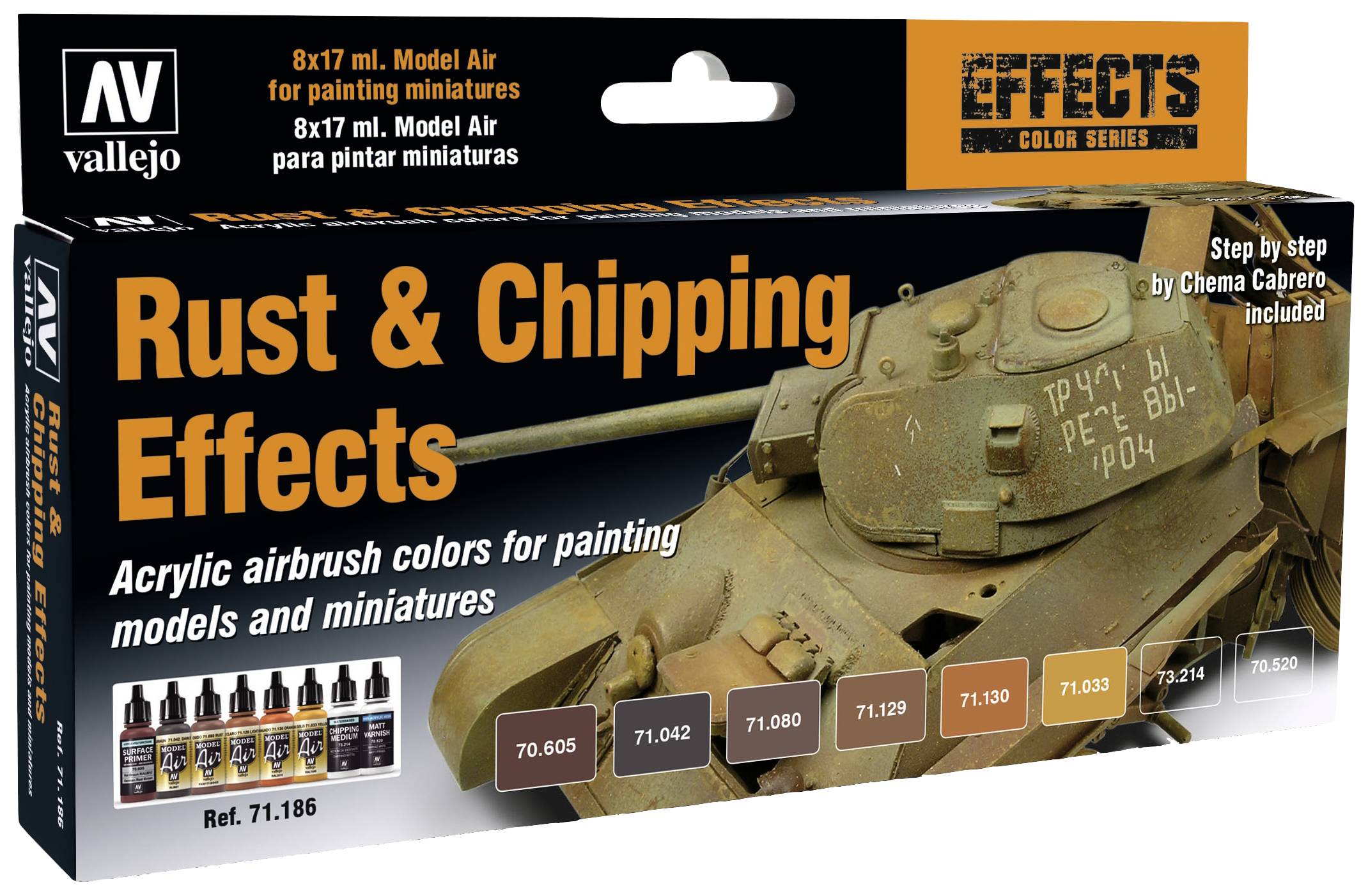 Packaging of Vallejo 'Rust & Chipping Effects' featuring an image of a rusted tank. Contains acrylic paints for models.