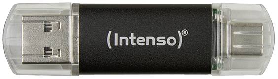 USB stick by 'Intenso' with two connection plugs, suitable for data transfer and storage.