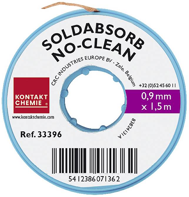Round spool with inscription: 'SOLDABSORB NO-CLEAN'. Diameter: 0.9 mm, Length: 1.5 m. Contains contact information and a barcode.