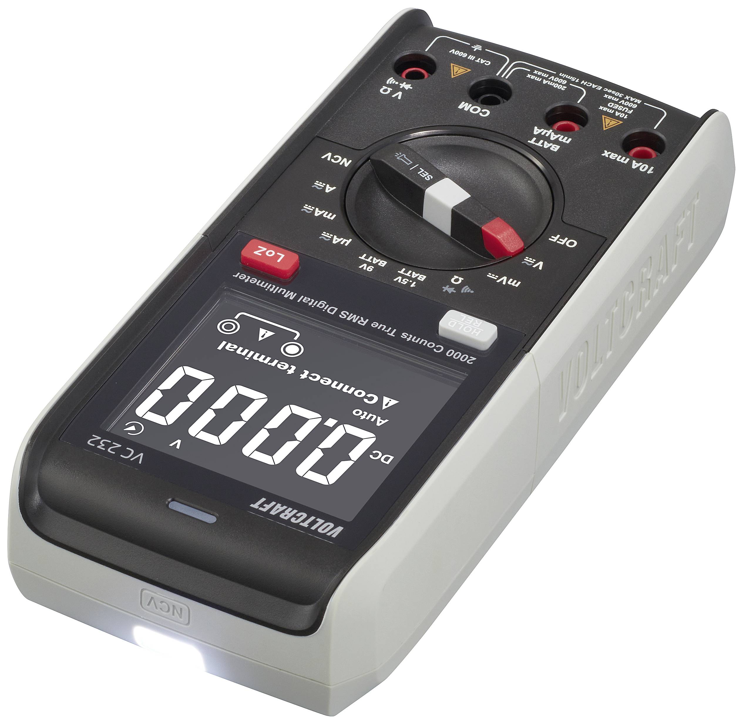A digital multimeter for measuring voltage, current, and resistance, with a large display and multiple connections.