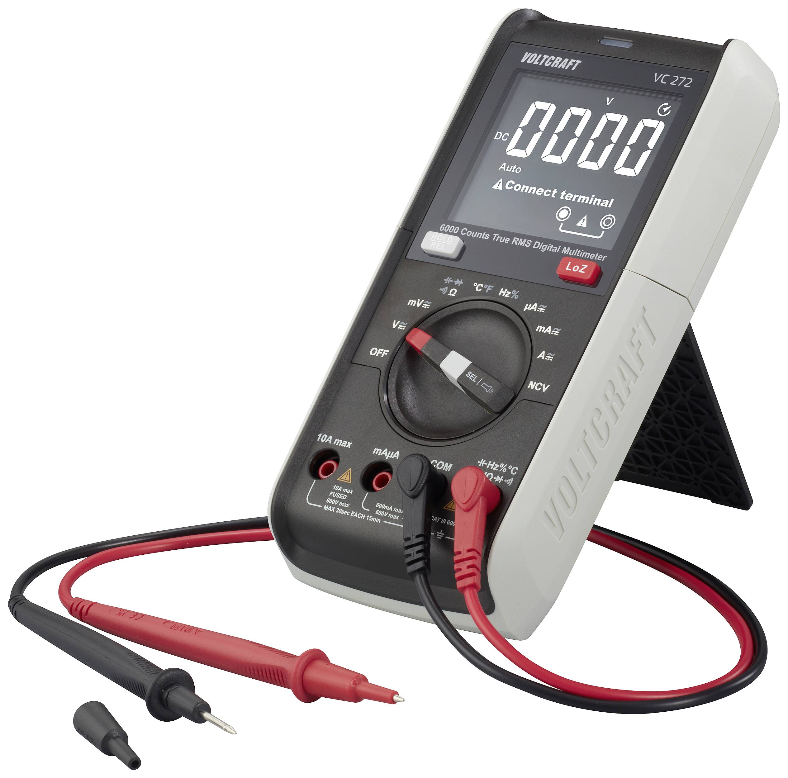 A digital multimetre with a black casing, red and black test leads, displaying a reading of zero.