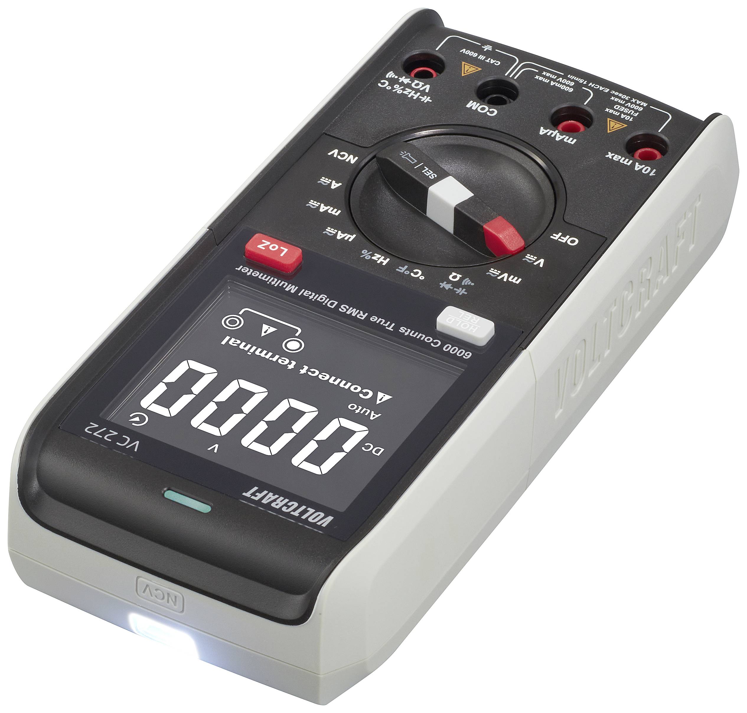 Digital multimeter shows '0.000 V' on the display; switch set to 'V DC', illuminated button below, brand name on the side.