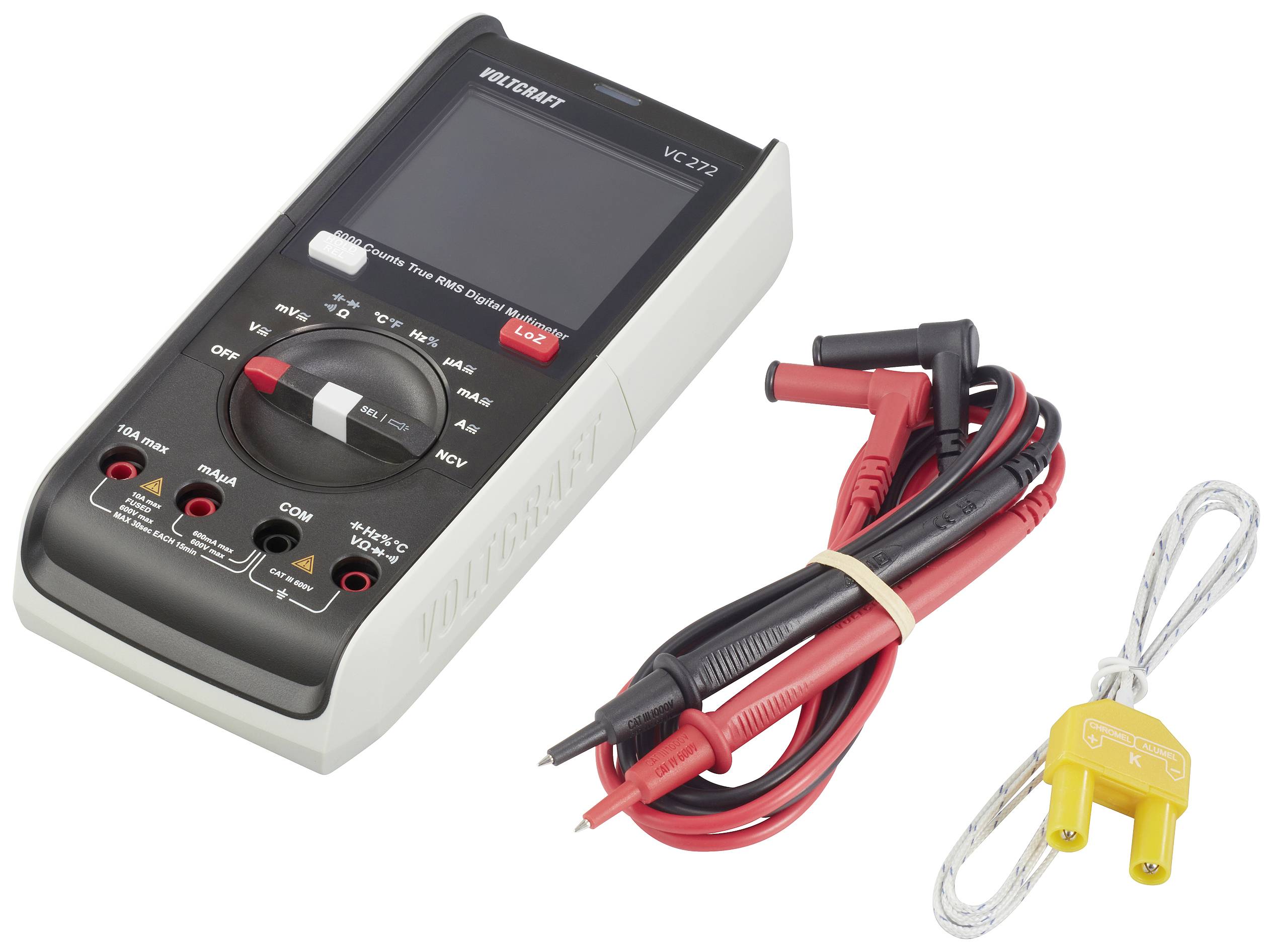 A digital multimeter with accessories, including test leads and an adapter. Device for measuring electrical values.