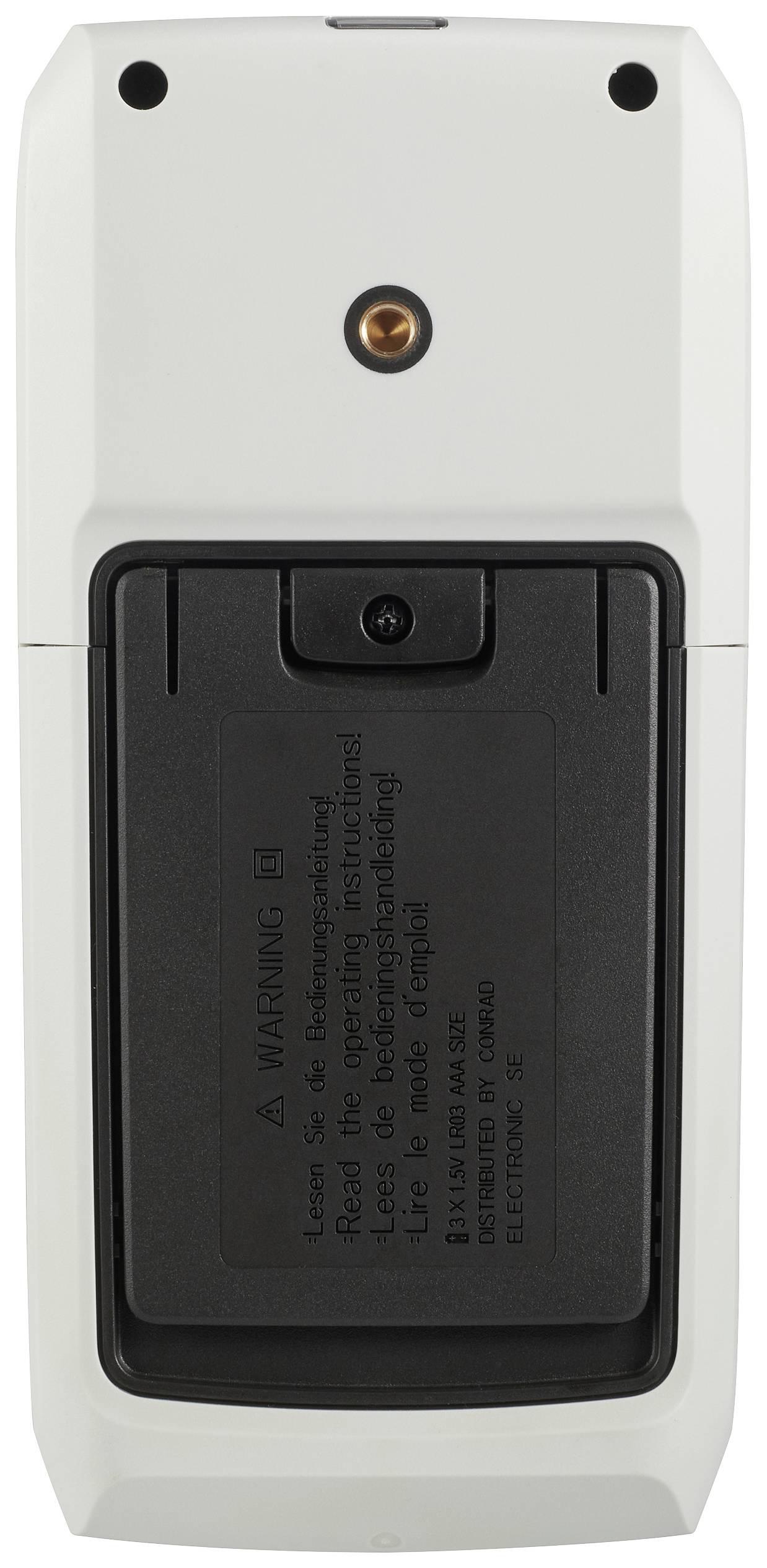 A portable electronic device with an open back panel, visible battery or memory card compartment, and accompanying information text.