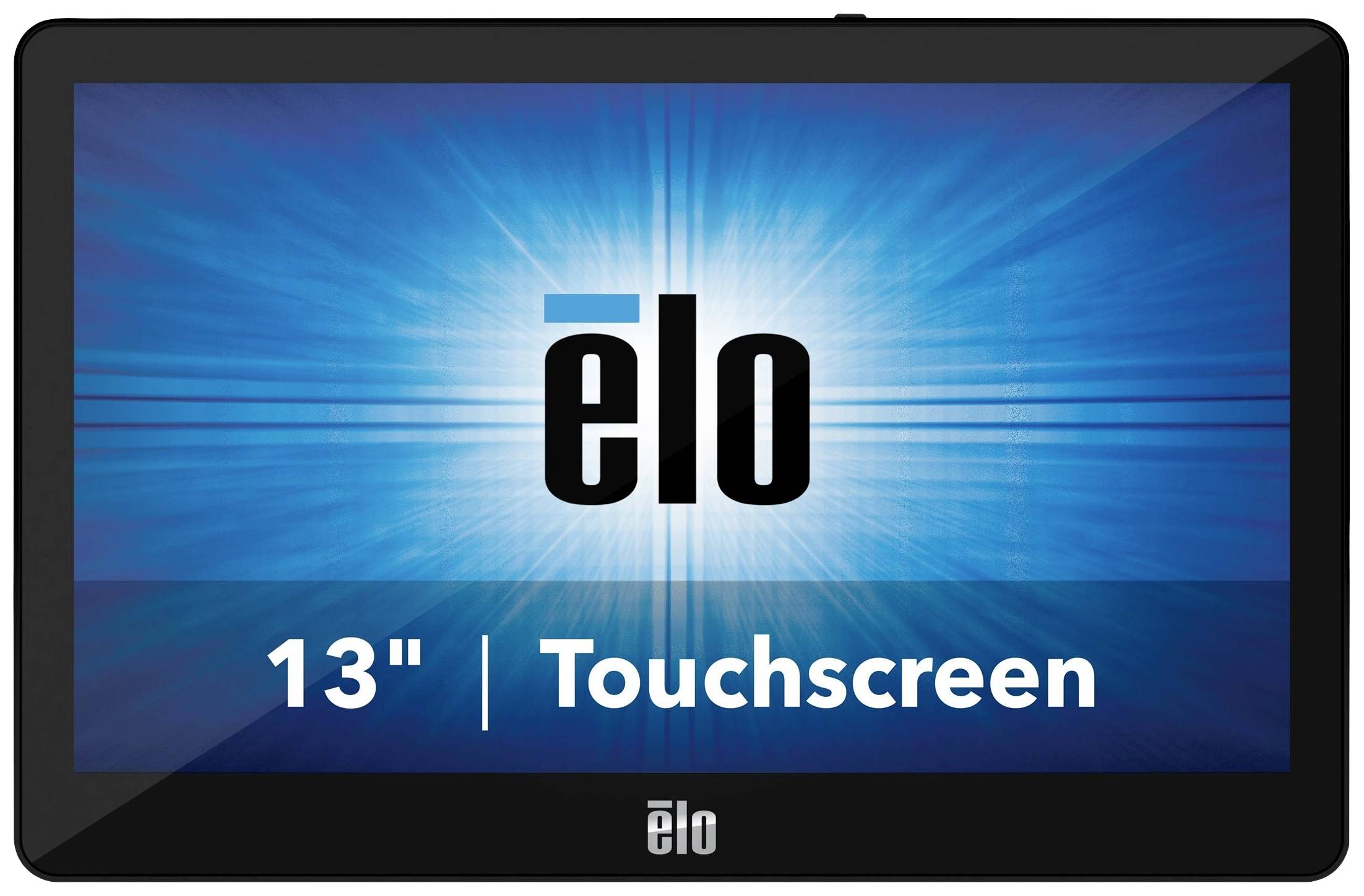 A 13-inch touchscreen by Elo, depicted with a blue background and radiant lines, the word 'elo' in the centre.