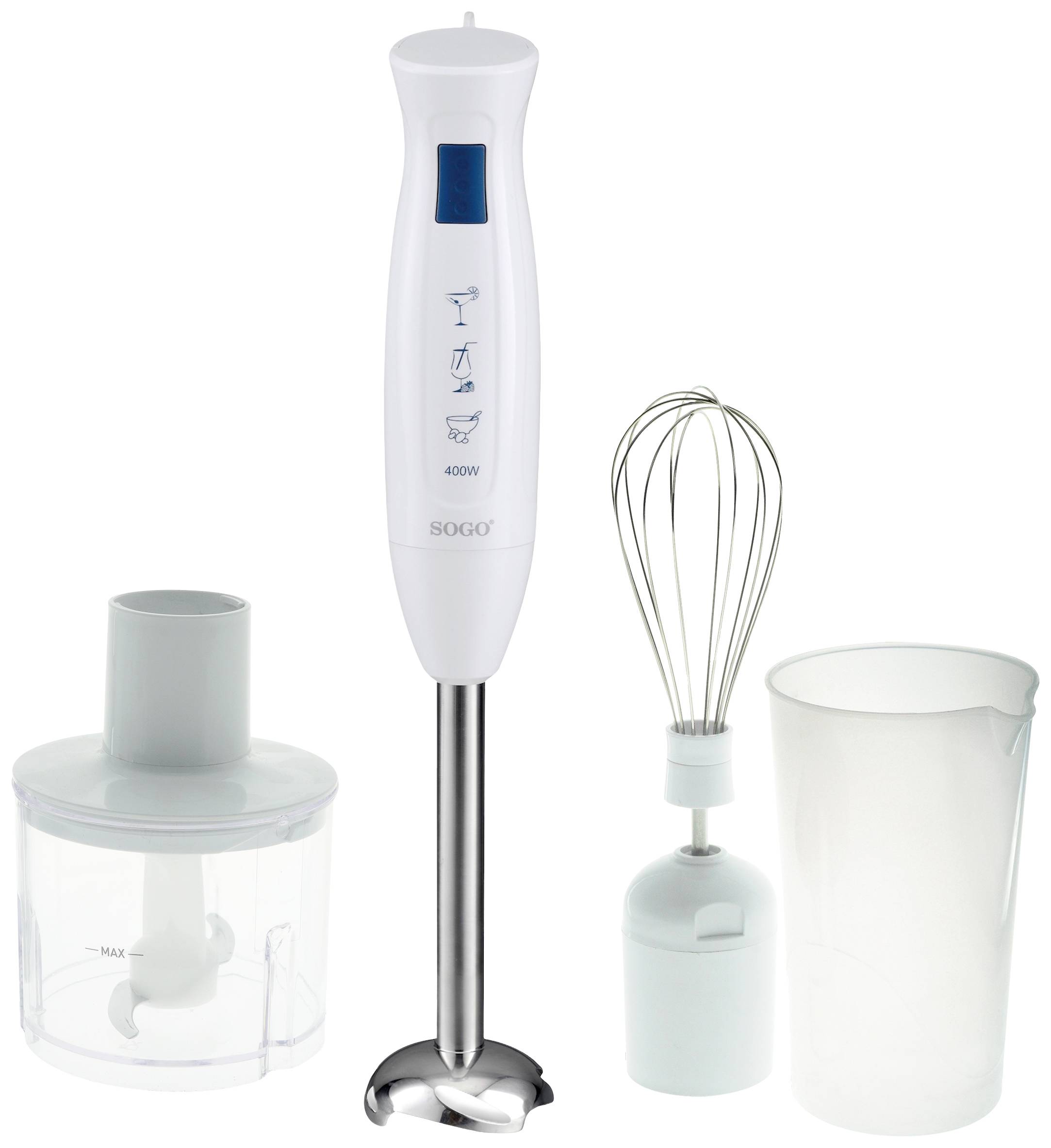 SOGO Human Technology Hand-held blender 400 W with graduated beaker, with blender attachment, Whisk attachment White