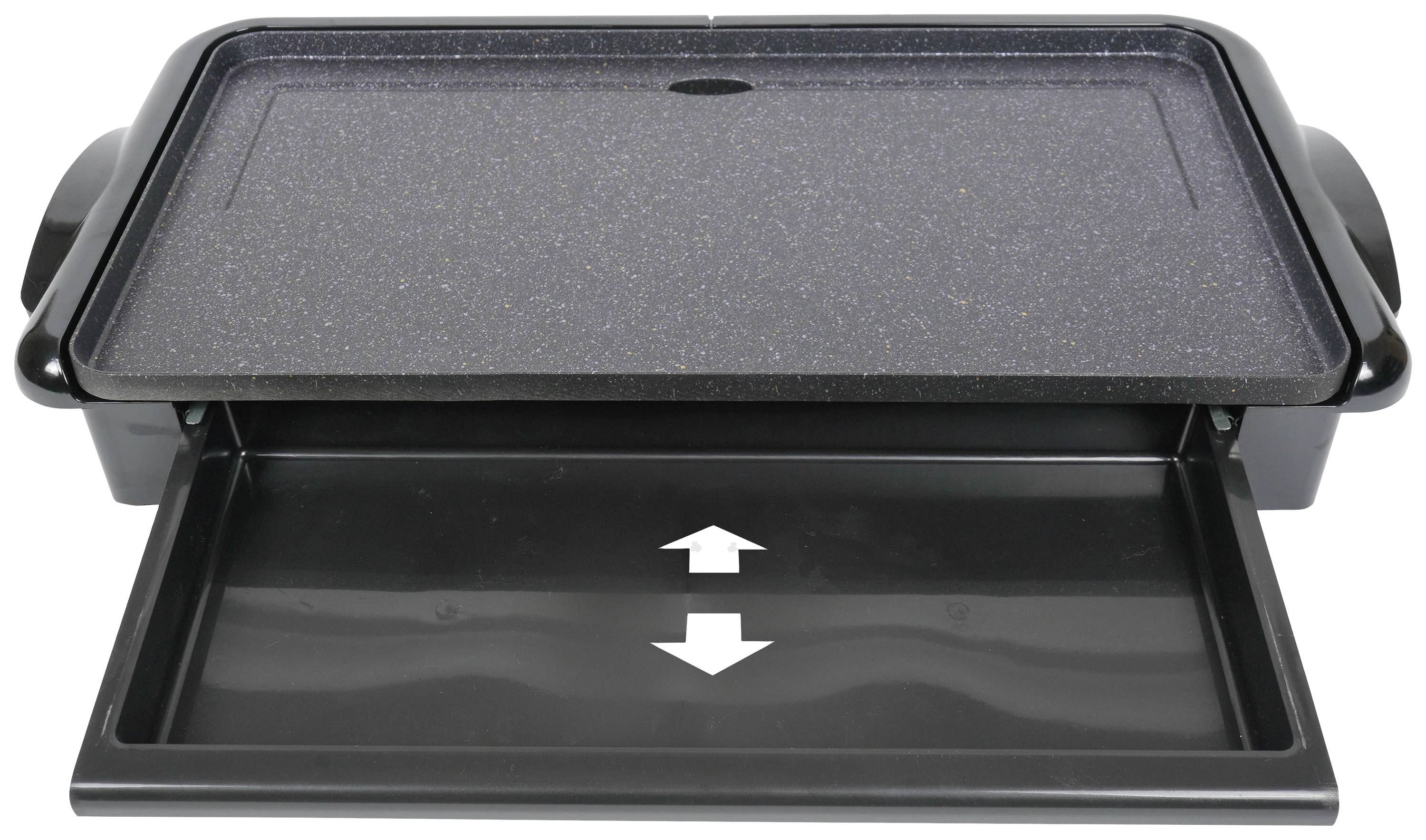 Electric griddle with a pull-out drip tray underneath. Arrows indicate the direction of tray movement. Ideal for fat-free grilling.