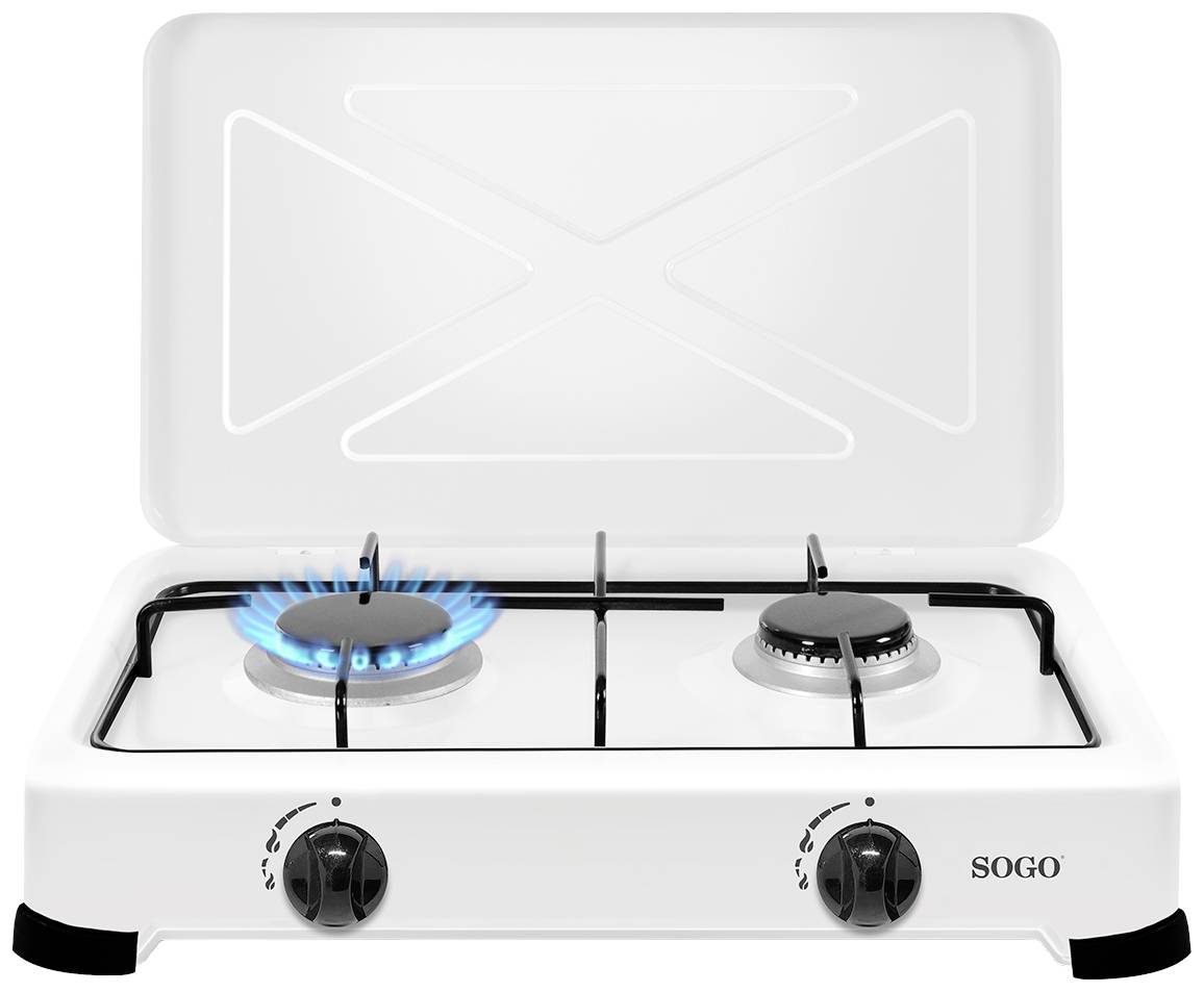A white gas stove with two hobs, one with a blue flame. The background is plain.