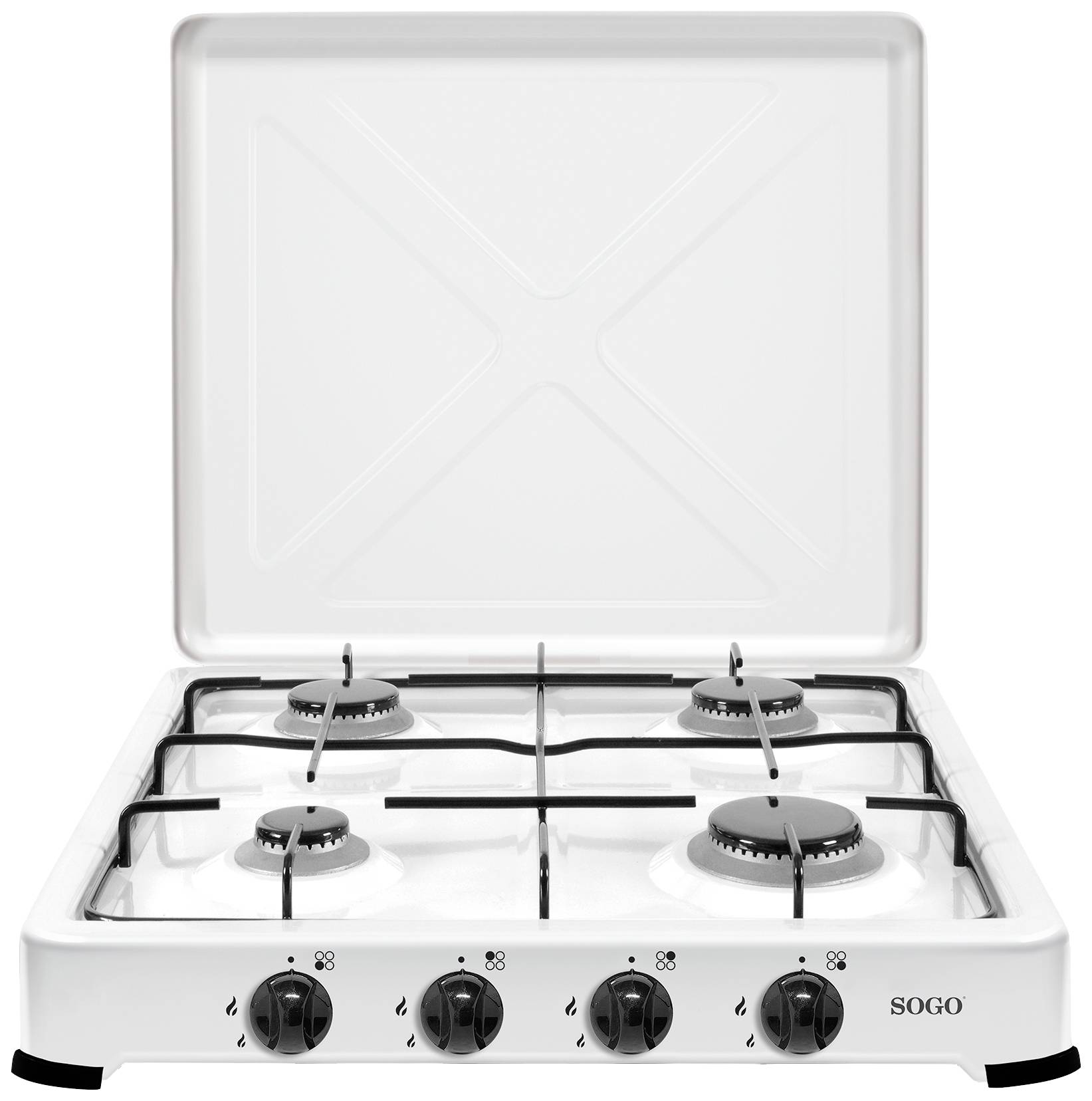 A white gas cooker with four burners and black rotary knobs on the front. The cooker has a raised lid.