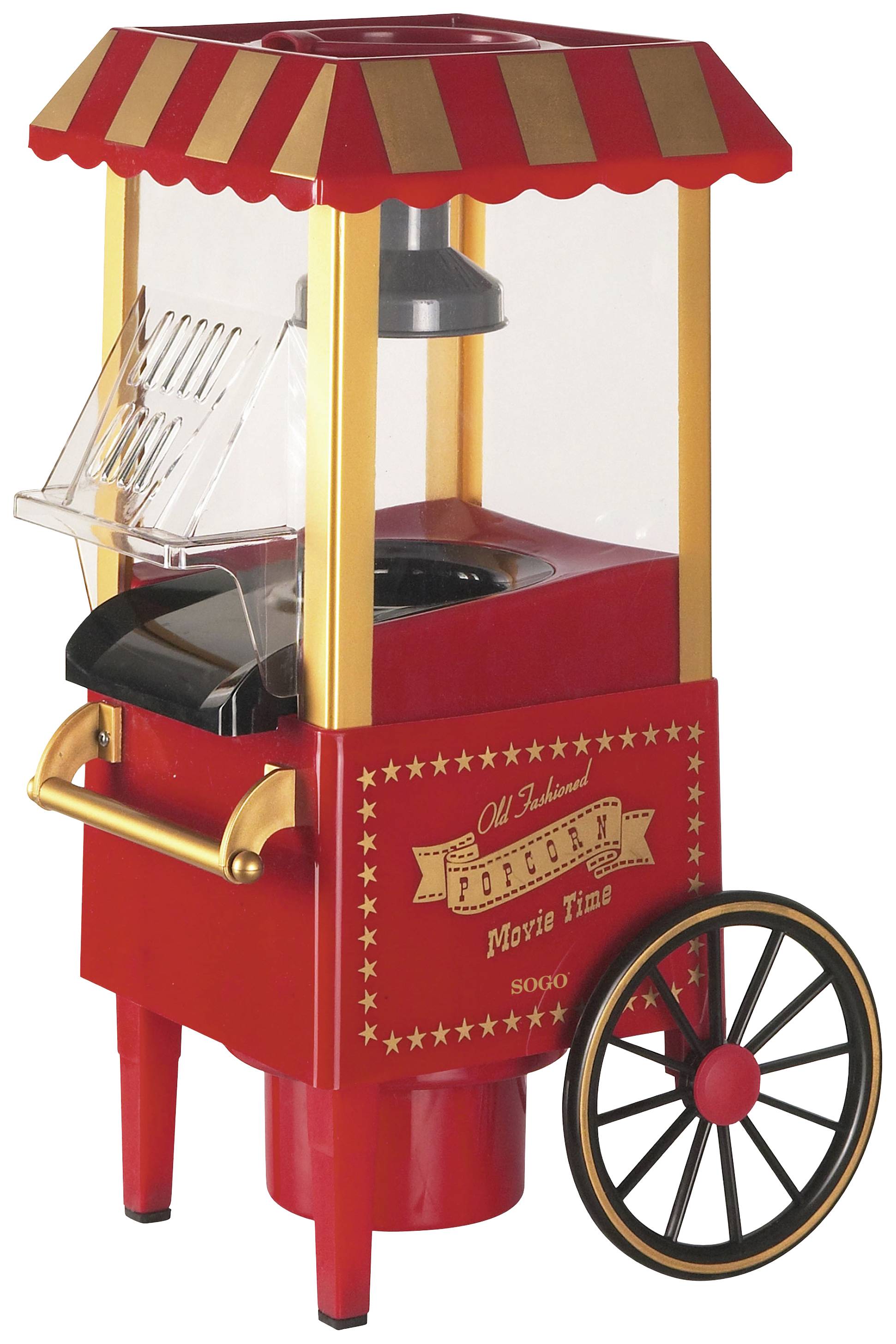 A red, nostalgically designed popcorn cart with golden details and a chimney; mounted on two wheels with handles on the side.