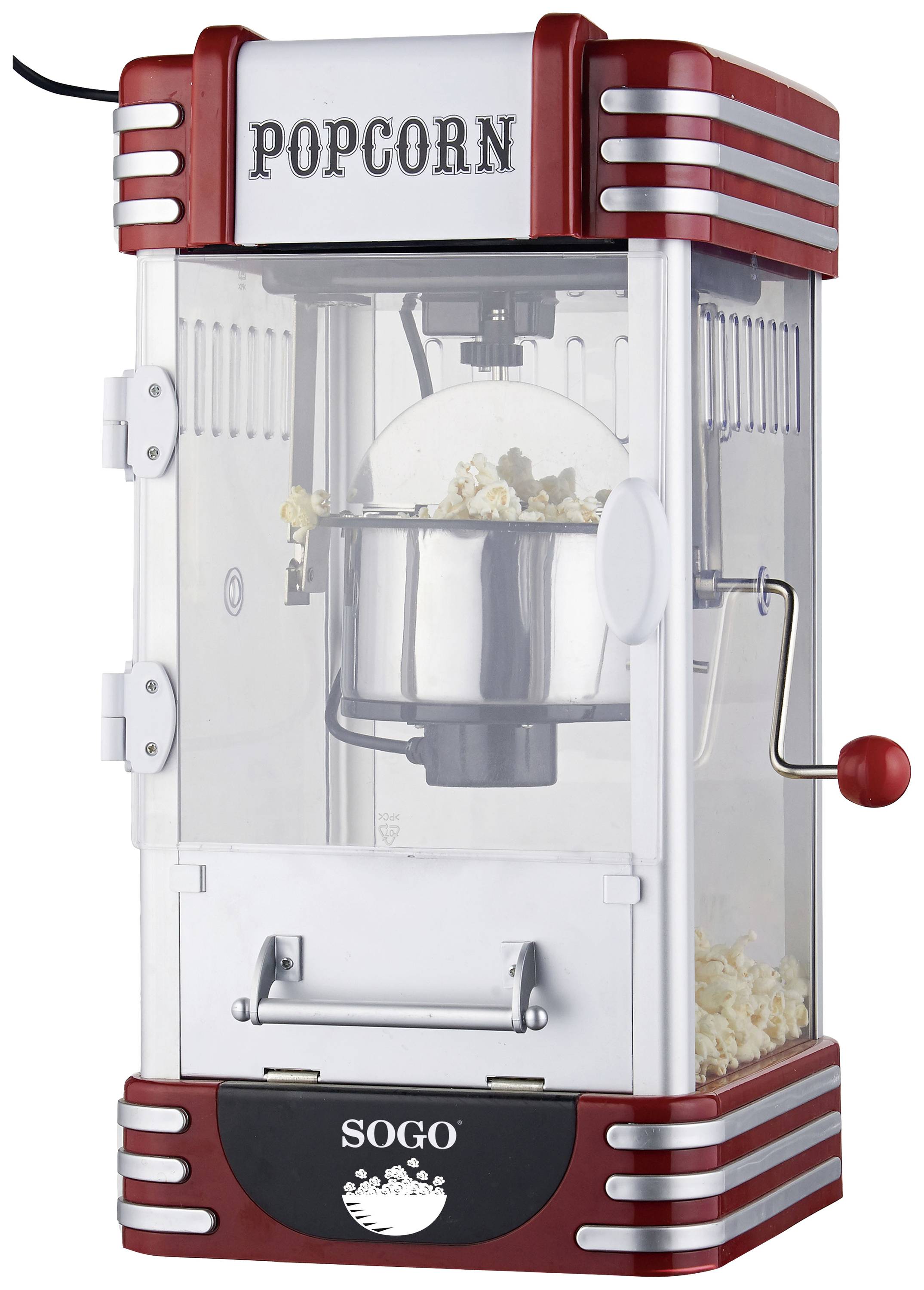 Retro-style popcorn machine with a red casing and transparent walls. 'POPCORN' text at the top, brand logo at the bottom. Popcorn is visible.