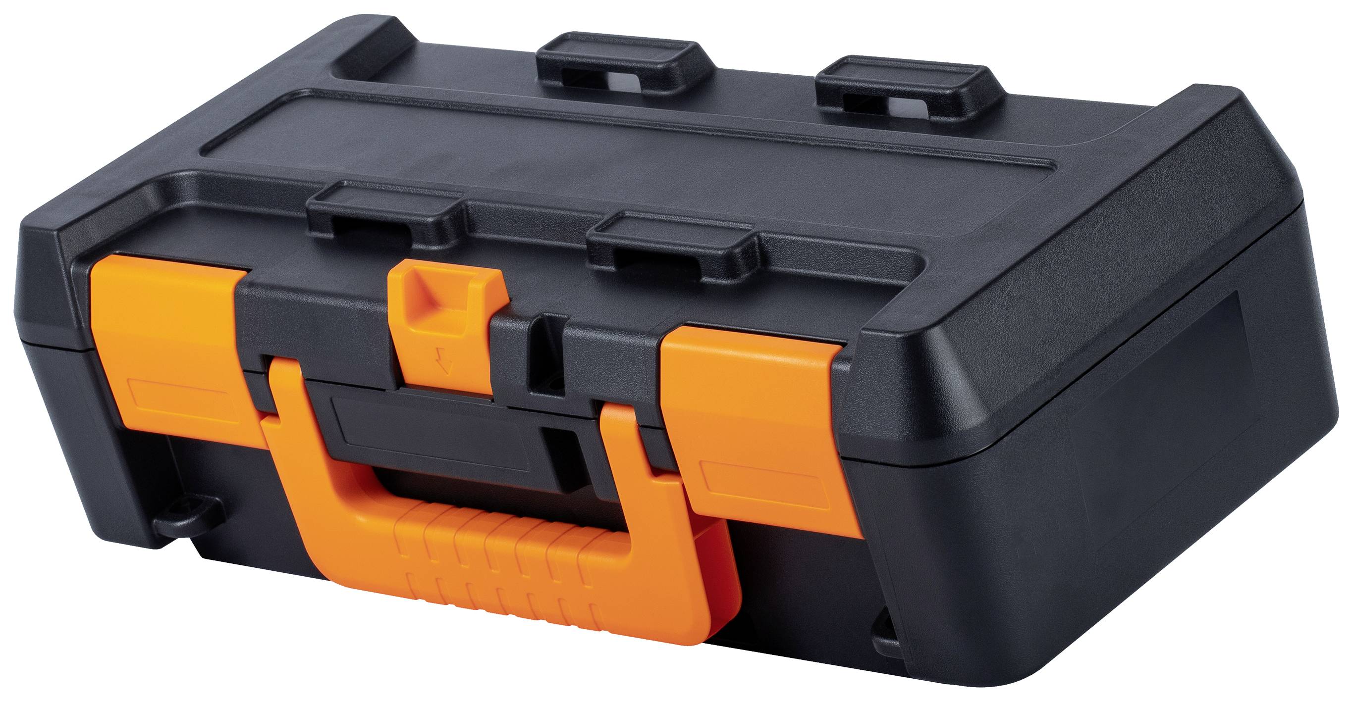 A black toolbox with orange locks and handle, closed. Ideal for securely storing tools.