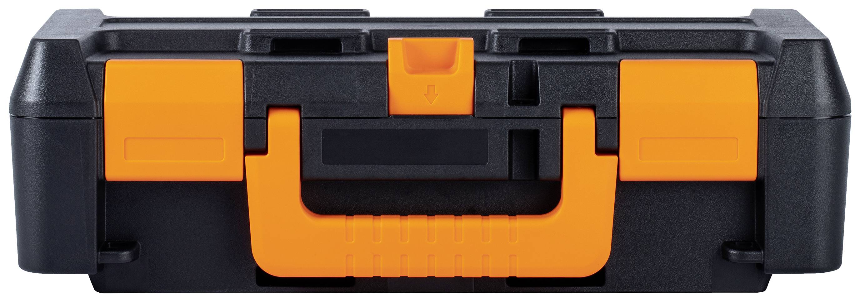 Black toolbox with a bright orange handle and latches, in closed position on a white surface.
