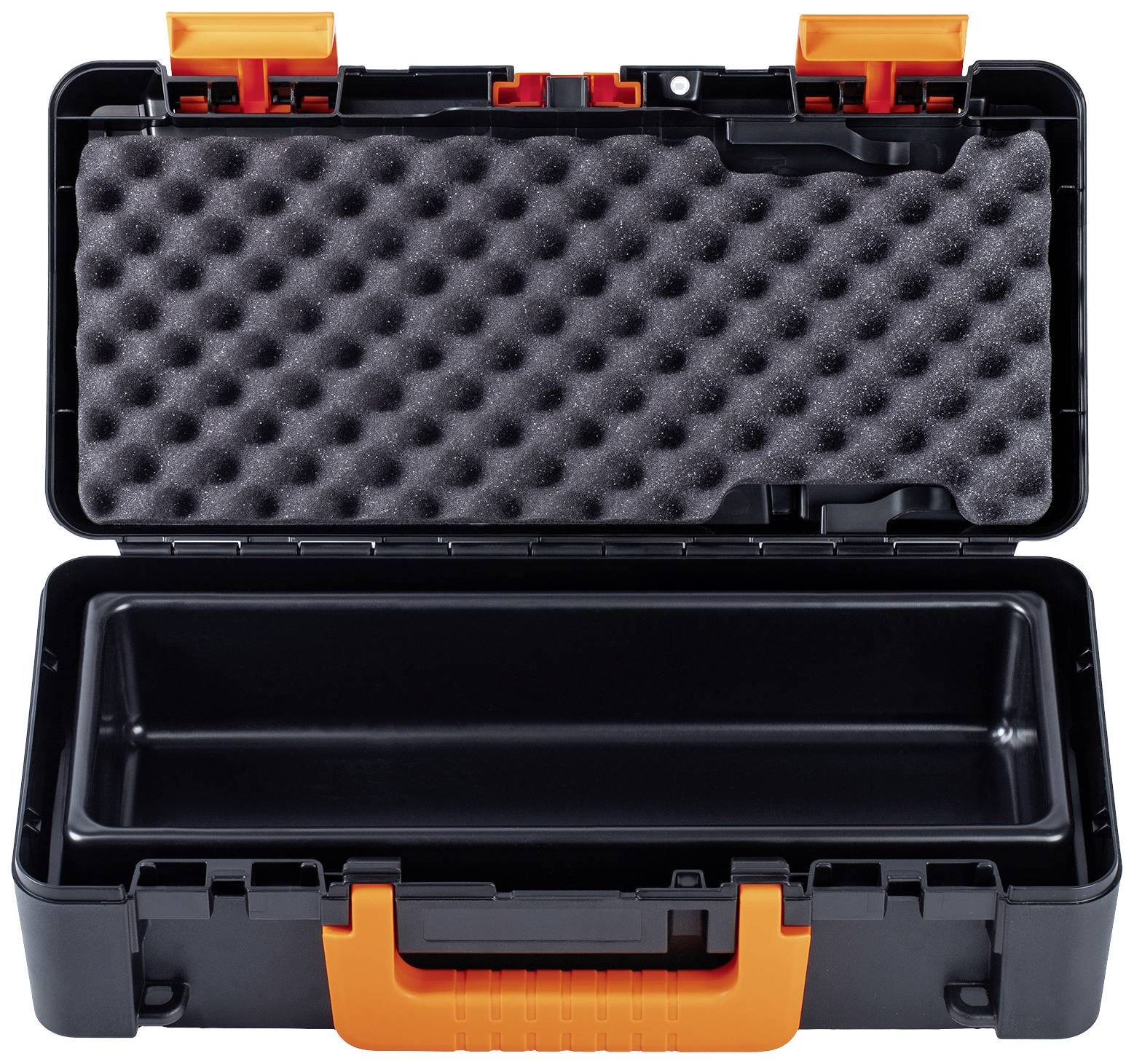 Opened black tool case with orange handles and foam padding, empty interior.