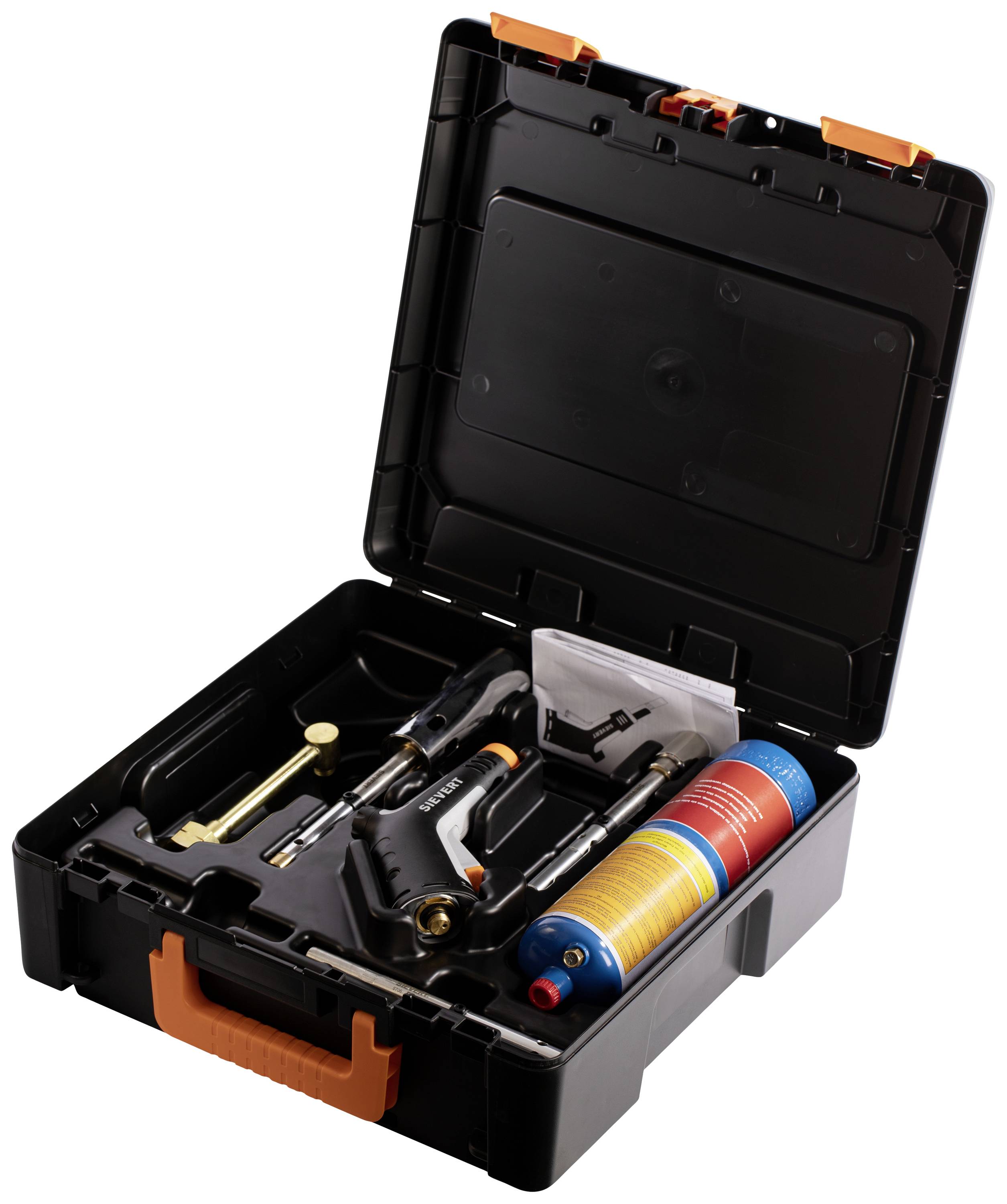 Open toolbox with blowtorch, ignition device and various accessories, ready for soldering work.