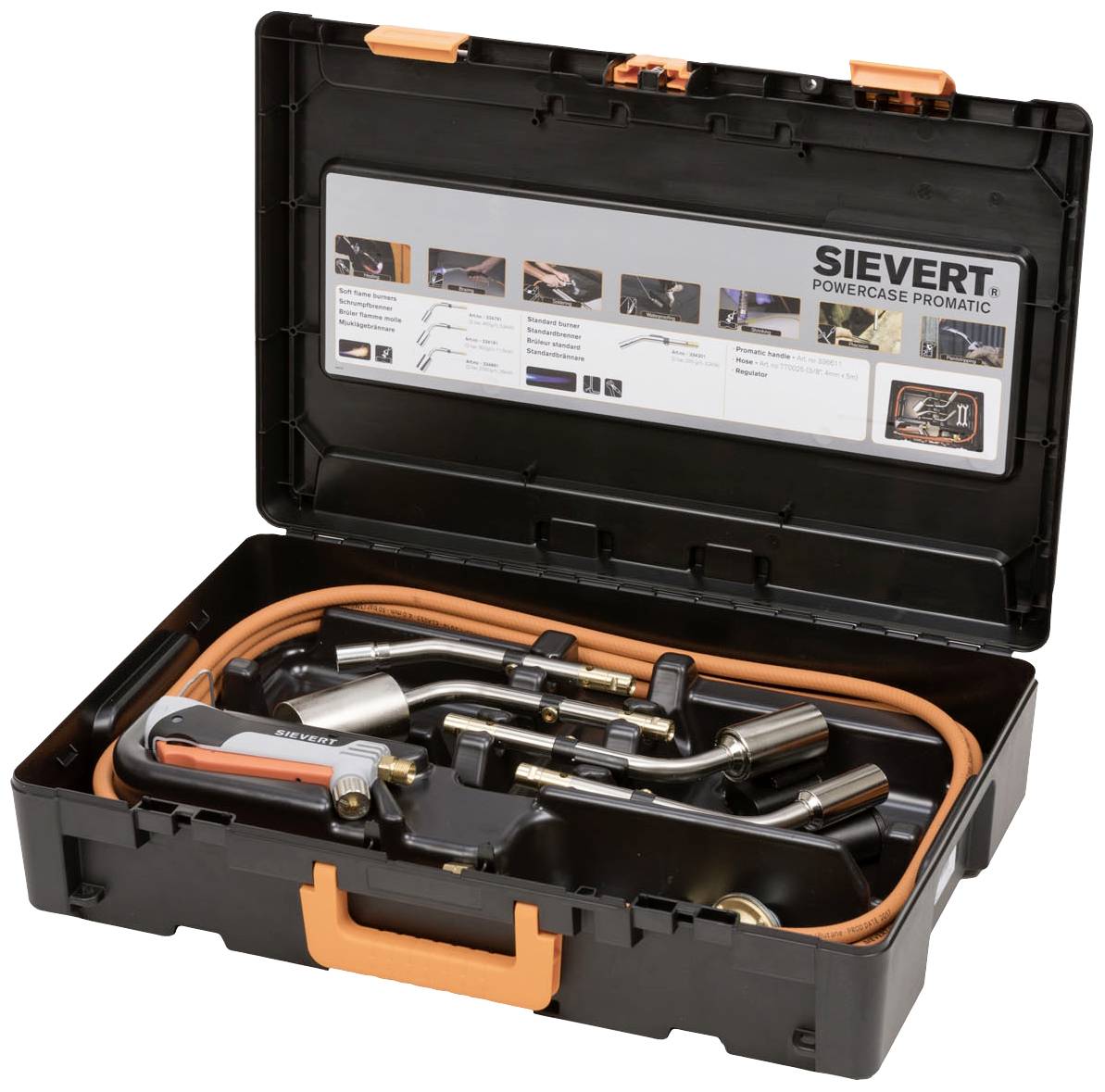 An open toolbox containing a soldering tool set by 'Sievert', including various burner heads and a hose.