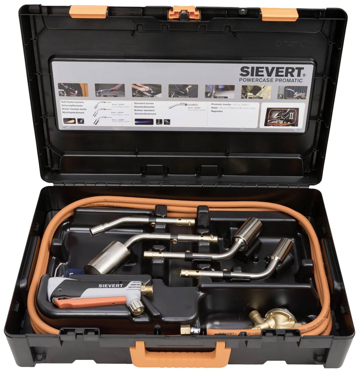Opened suitcase with soldering tool set, including blowtorch, hoses and accessories. Brand name 'Sievert' on tools and case.