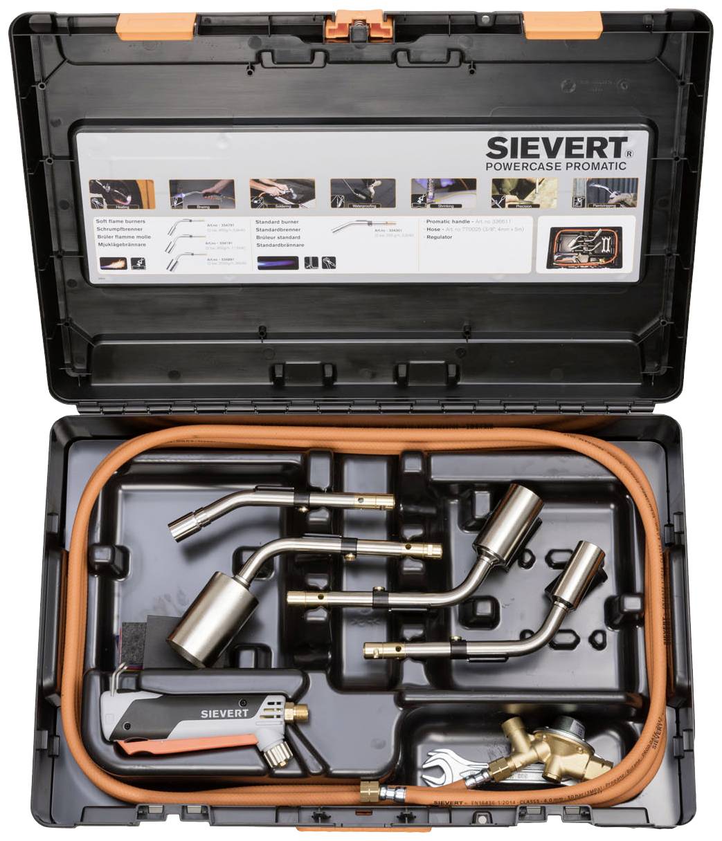 Open case with gas burner set. Contains burner attachments, hose, handle and accessory parts. A component overview plan at the top.