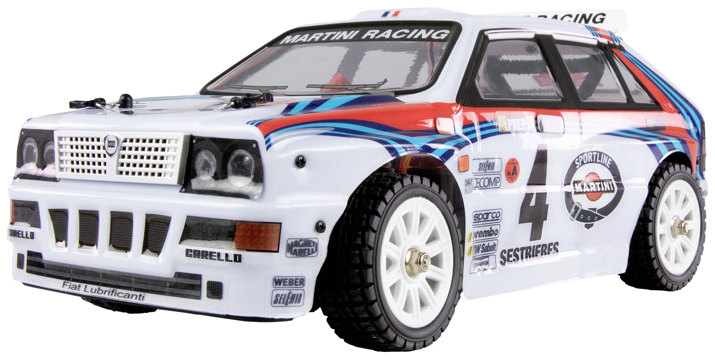 A white racing car with the number 4 and Martini Racing stickers, distinctive headlights, sporty design, rally-inspired styling.