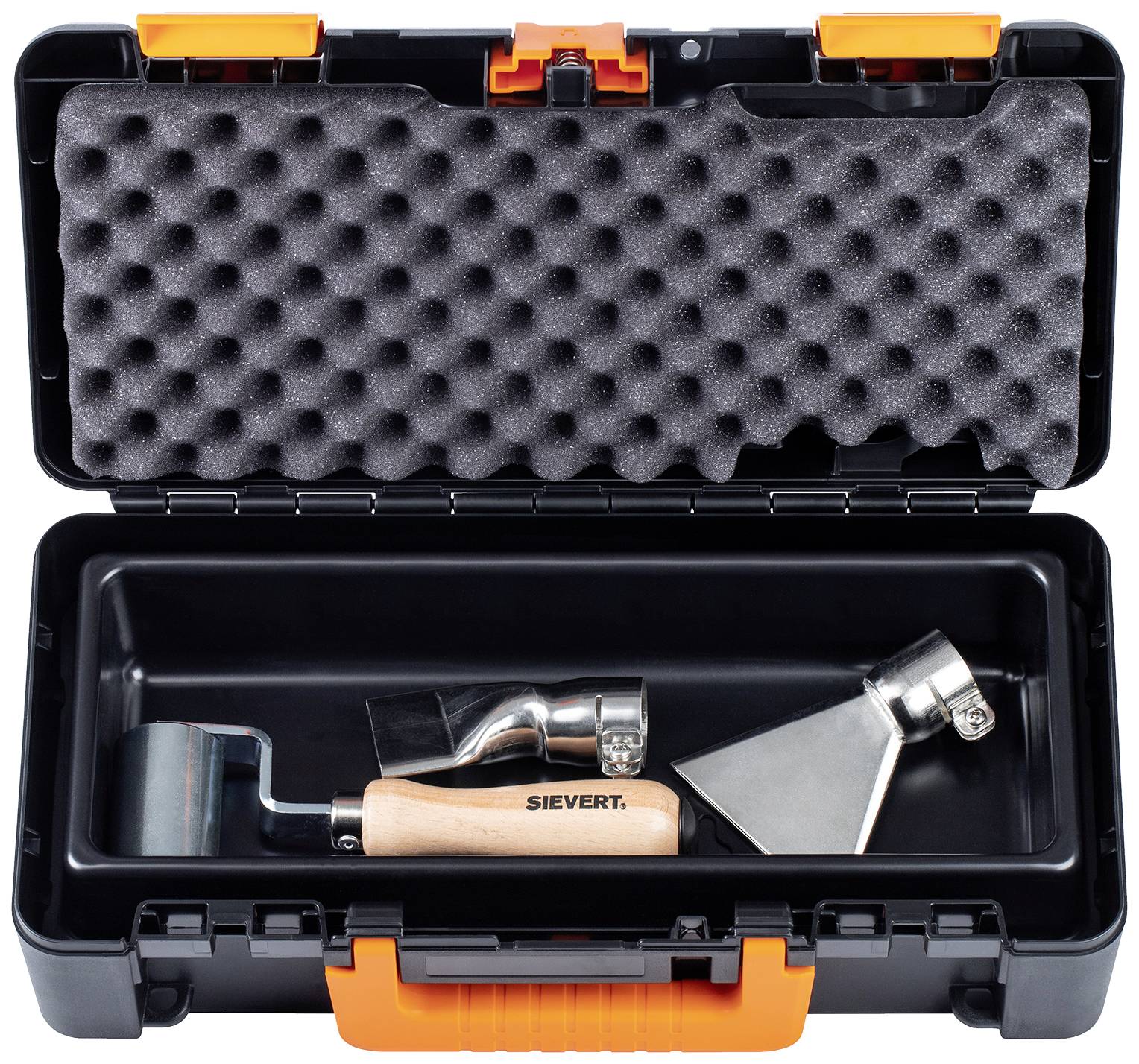 Open black toolcase with foam layer in the lid. Contains a Sievert hot air blower and a rubber roller.