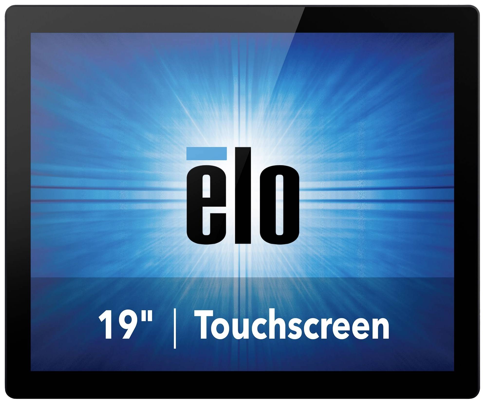 A 19-inch touchscreen monitor with a blue background and the 'elo' logo in the centre.