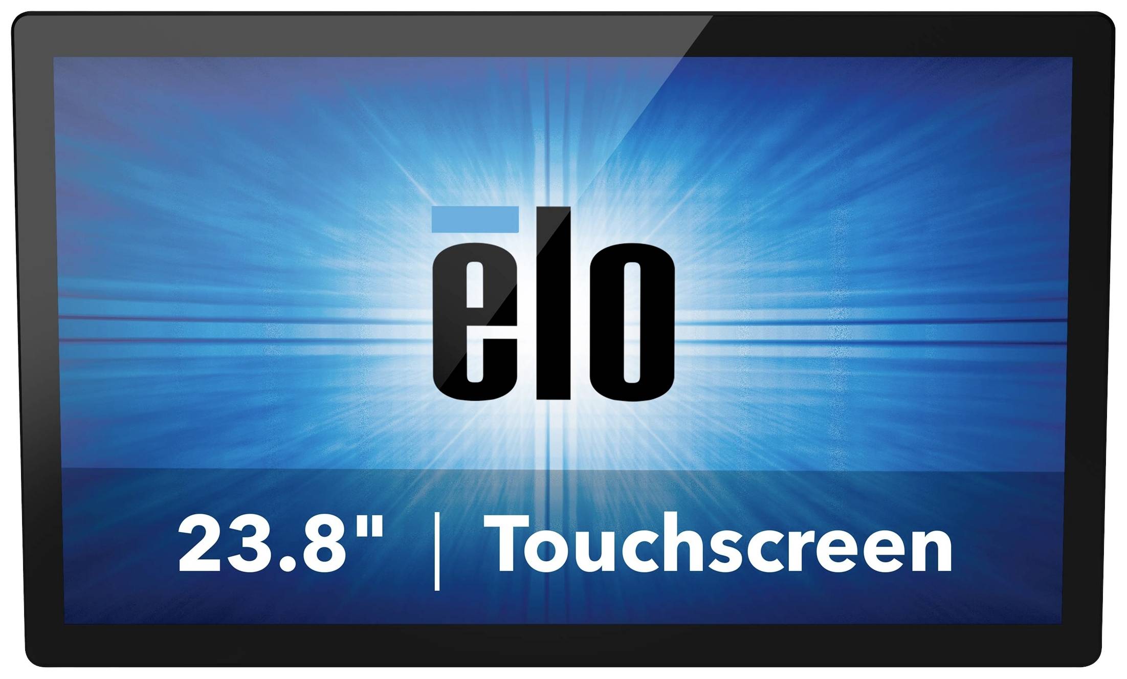 A 23.8-inch touchscreen monitor by Elo, with a blue background and white text, highlighted by a light ray effect.