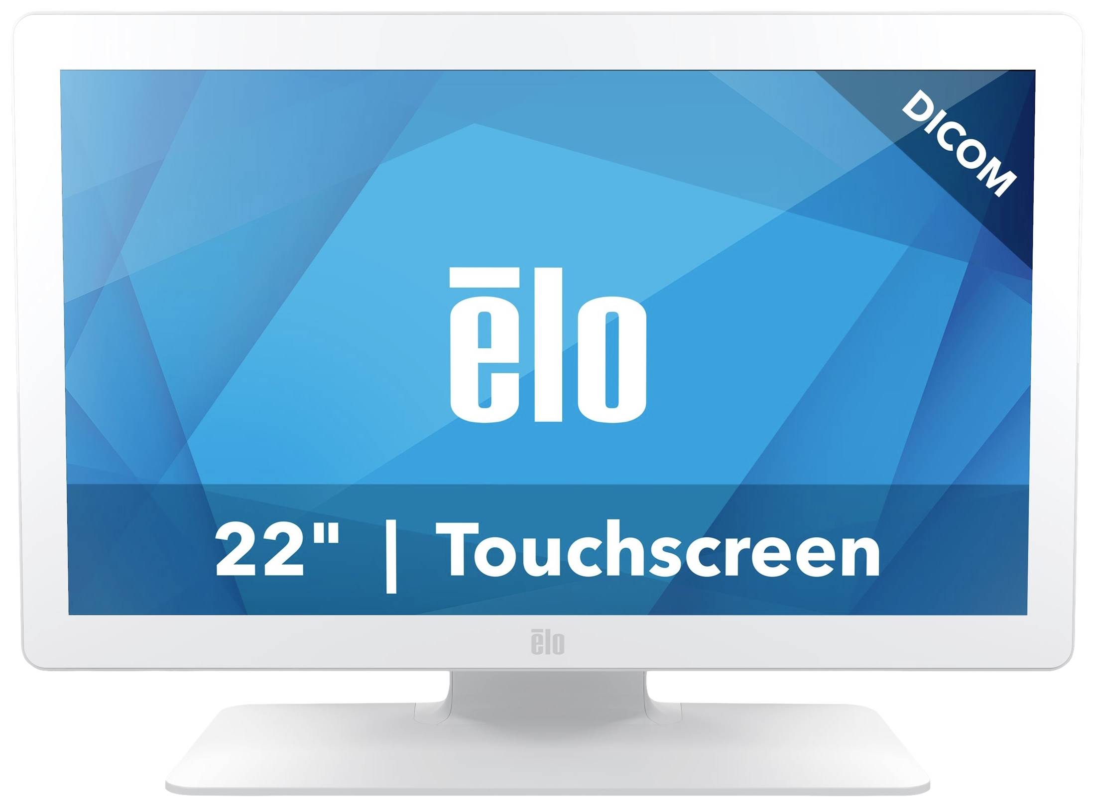 A 22-inch touchscreen monitor by the 'elo' brand on a blue background. Imprint: 'DICOM' in the top corner.