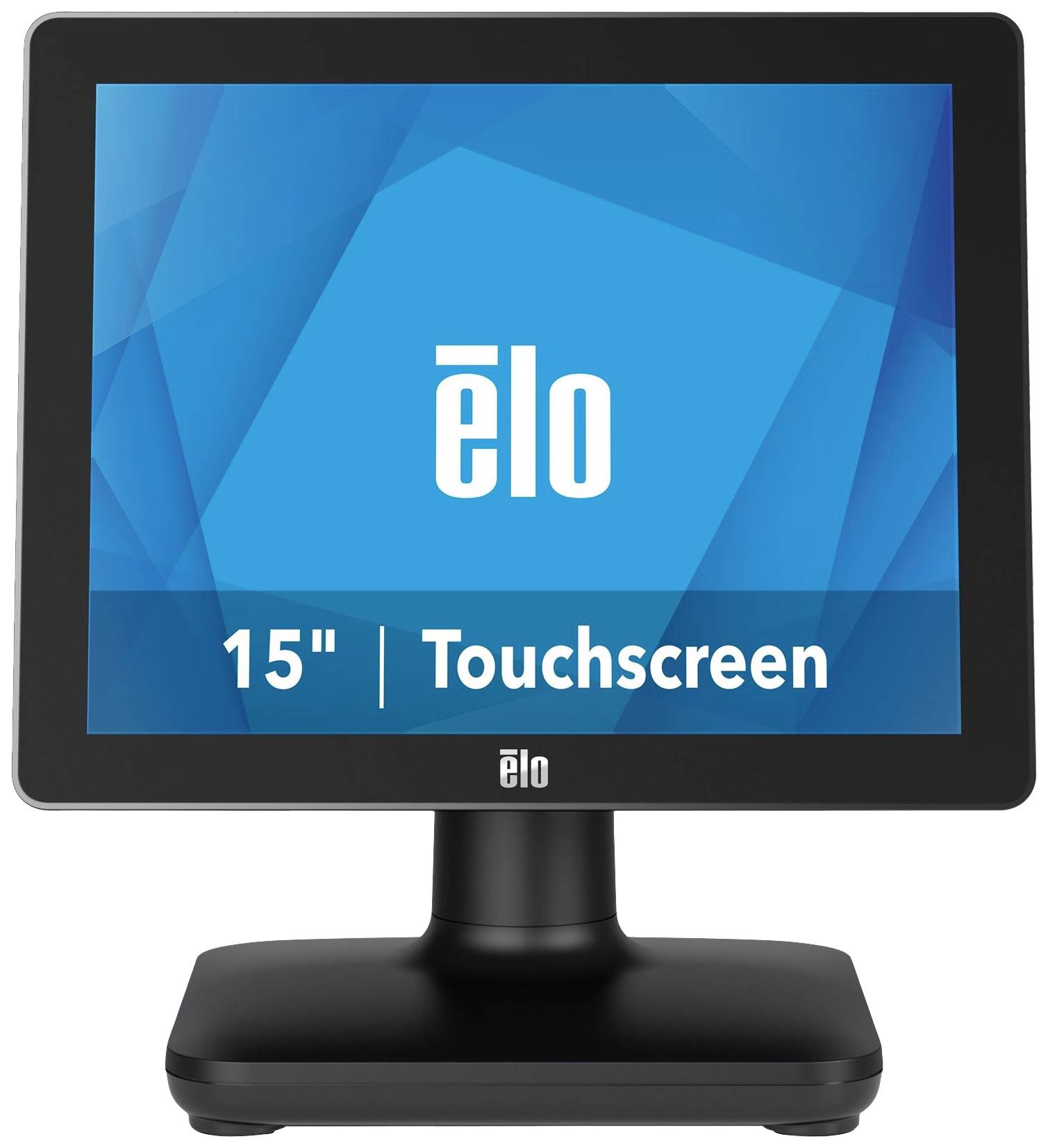 A 15-inch touchscreen monitor by Elo on a black stand, with a blue display featuring the white logo and the text 'Touchscreen'.