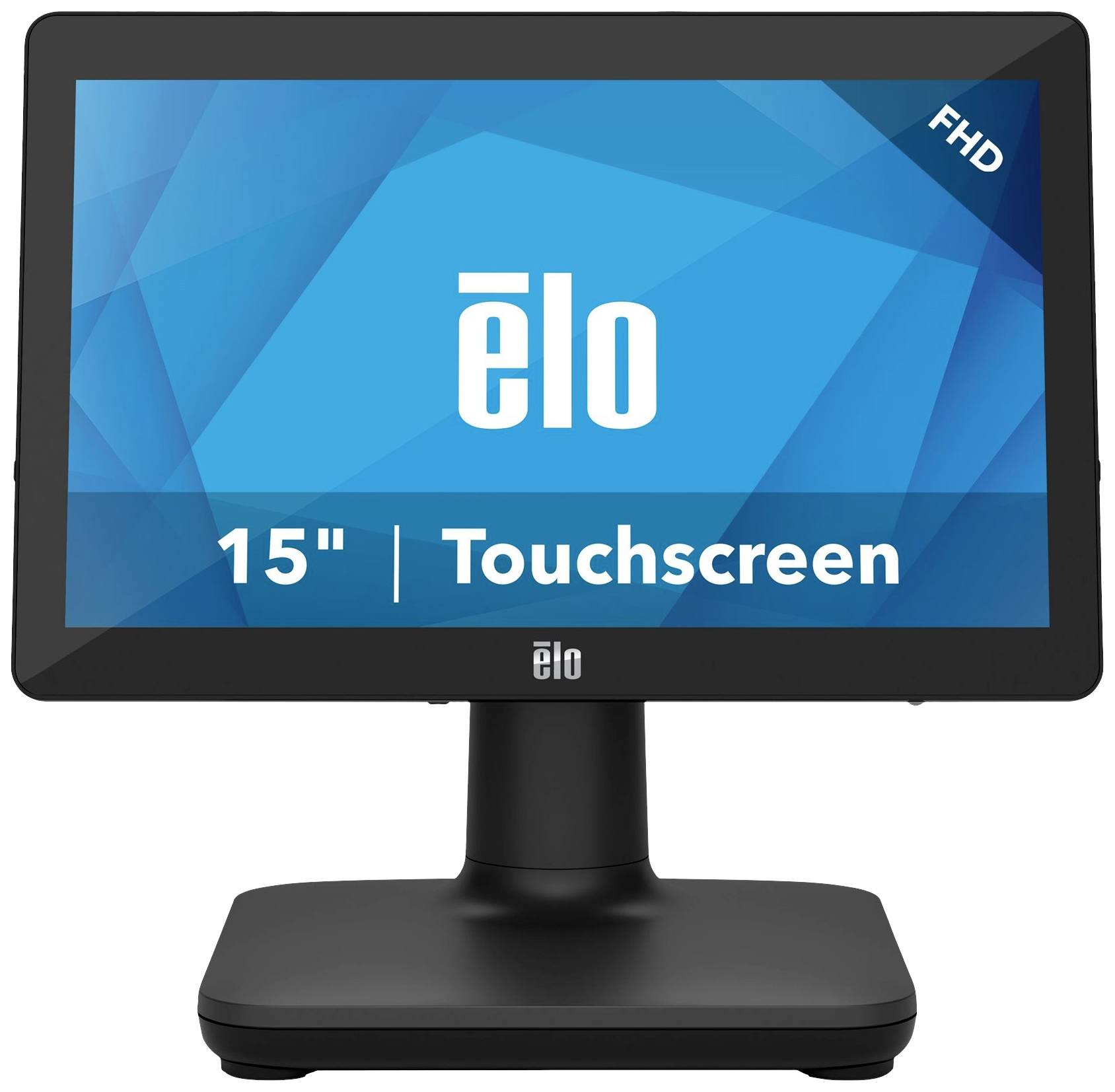 A black monitor displays a blue screen with the white text 'elo 15