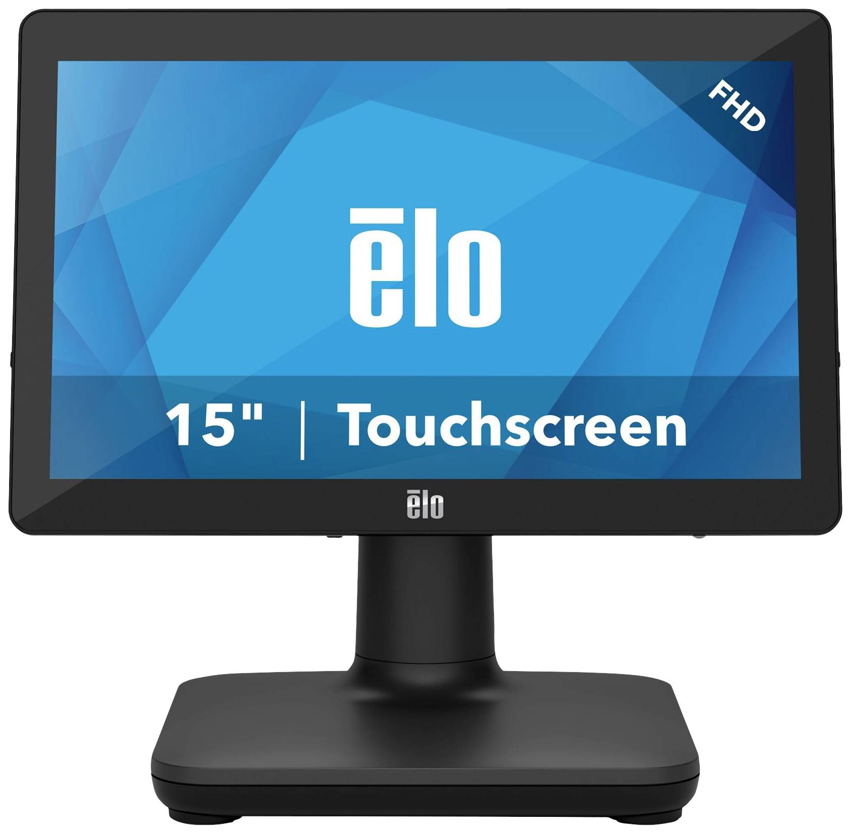 A 15-inch touchscreen monitor by Elo, with Full HD resolution, mounted on a black stand. Ideal for interactive applications.