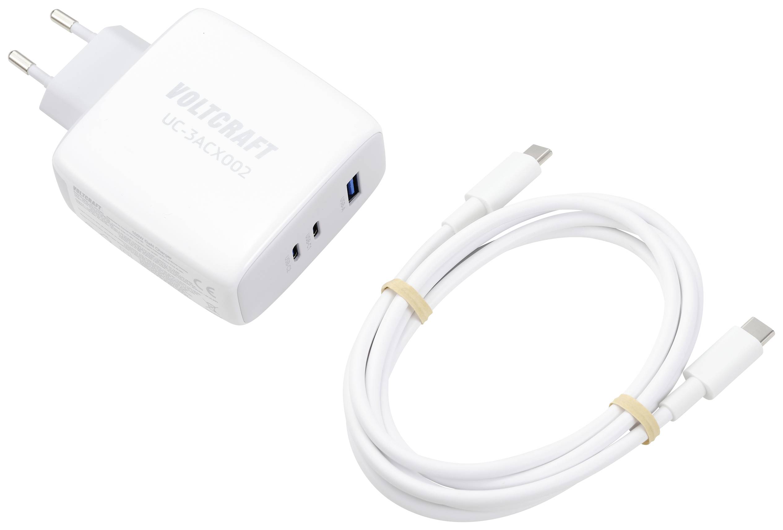 A white charger with two USB ports and a European plug socket, alongside a matching white charging cable.