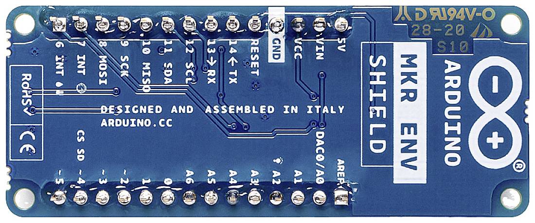 A blue Arduino MKR ENV Shield with multiple pins and the inscription 'Designed and Assembled in Italy'.