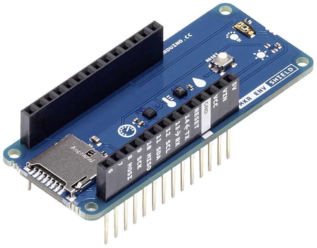 A blue Arduino board with multiple ports and a microSD card reader, suitable for electronics projects.